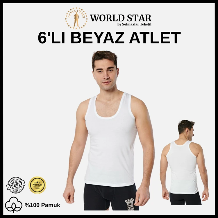 World Star 6'lı Beyaz Erkek Atlet – Pamuklu Penye