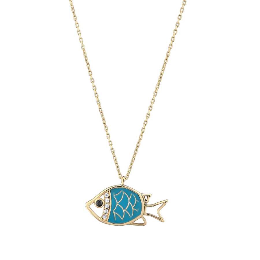 Gold Blue Enamel Fish Necklace