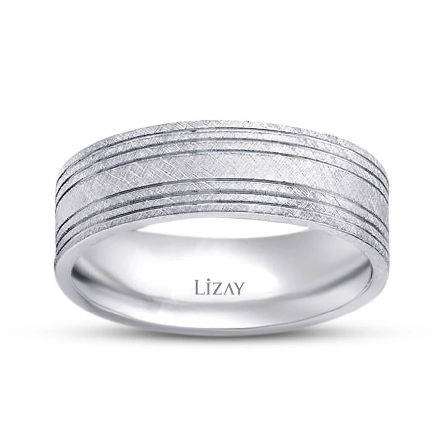 White Gold Striped Wedding Band