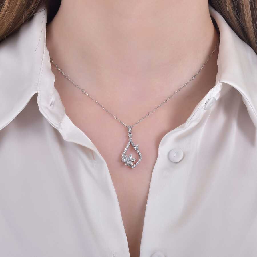 0.63 Carat Diamond Flower Baguette Necklace