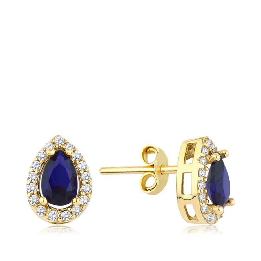 Gold Pear Blue Stone Earrings