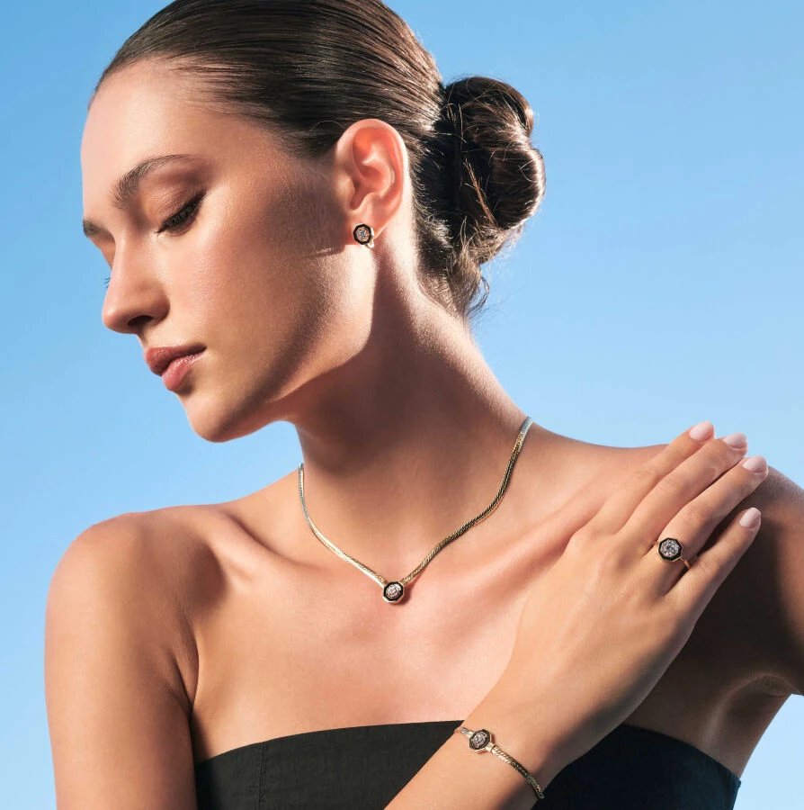 Gold Black Enamel Necklace