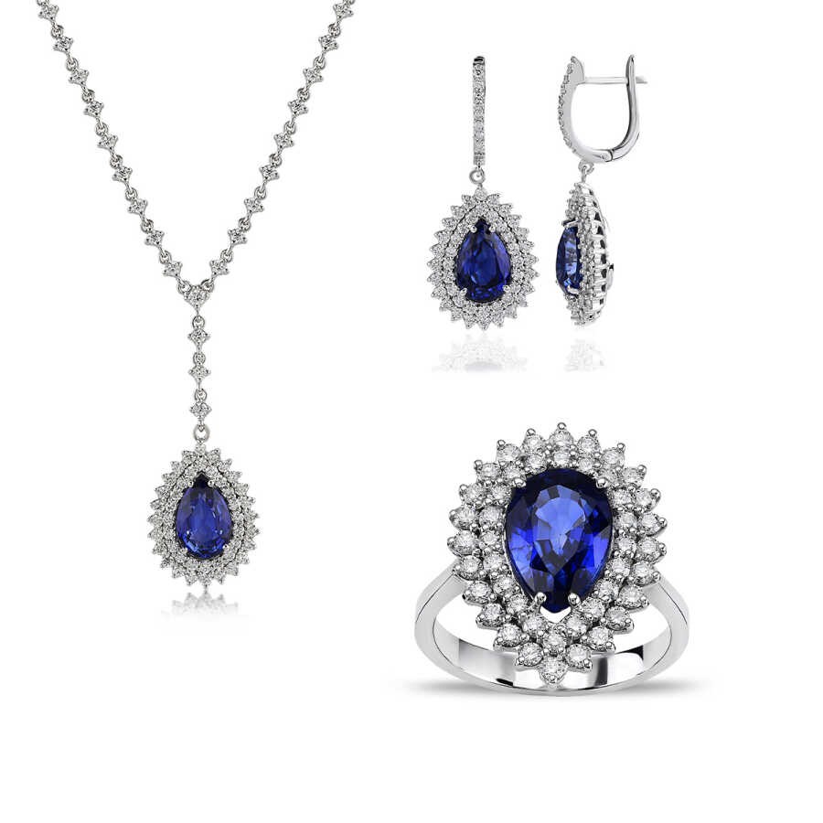 14.63 Carat Diamond Pear Sapphire Set