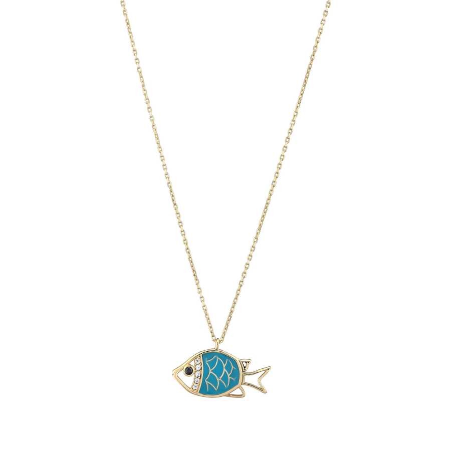 Gold Blue Enamel Fish Necklace