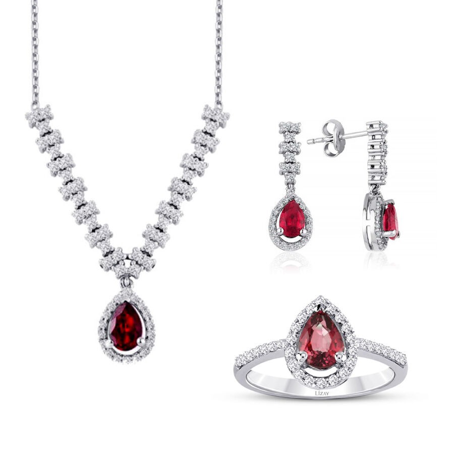 3.45 Carat Diamond Pear Ruby Set