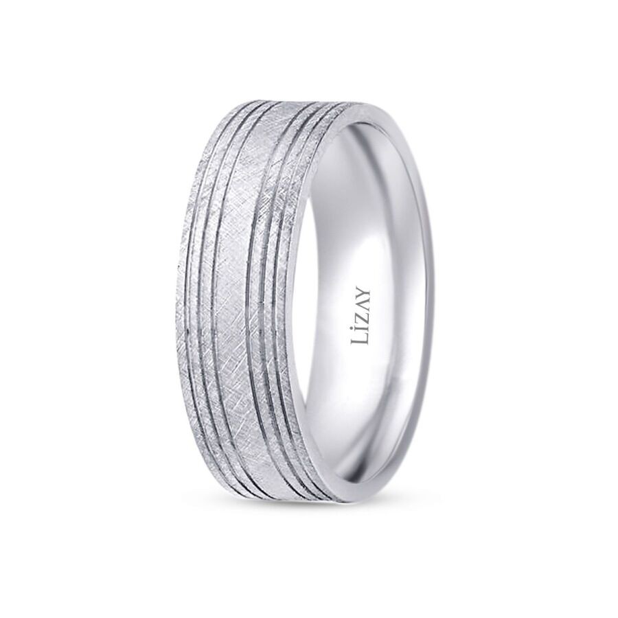 White Gold Striped Wedding Band