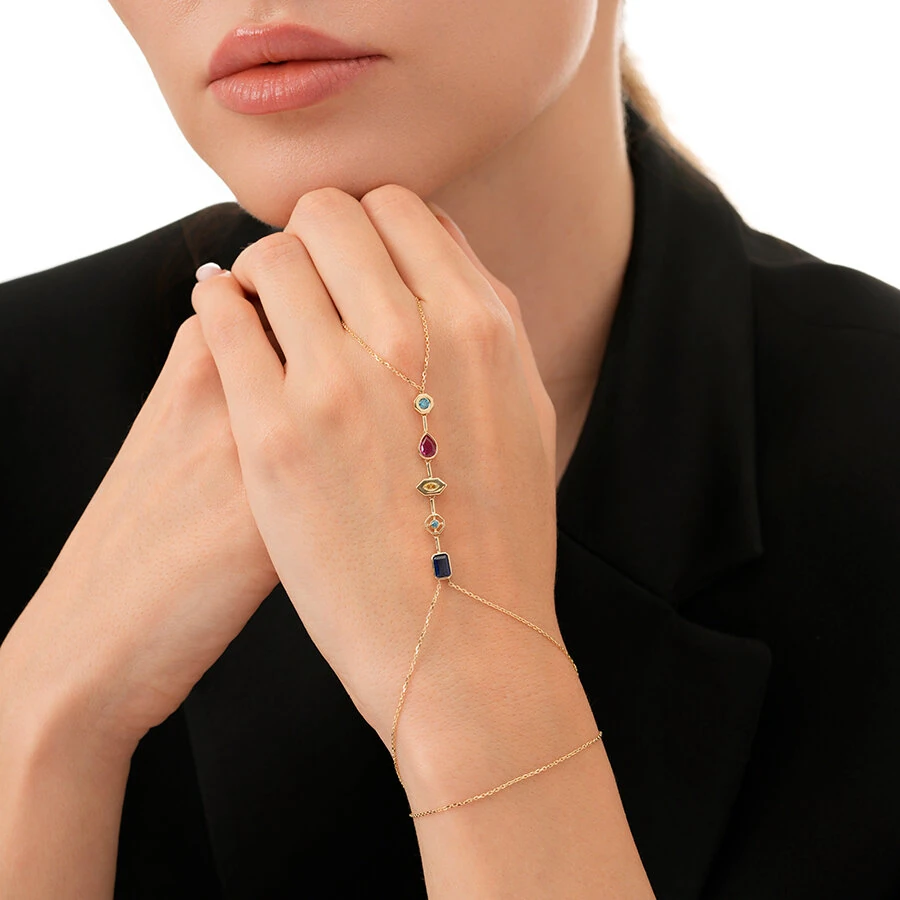 Gold Multi-Stone Hand Chain Bracelet