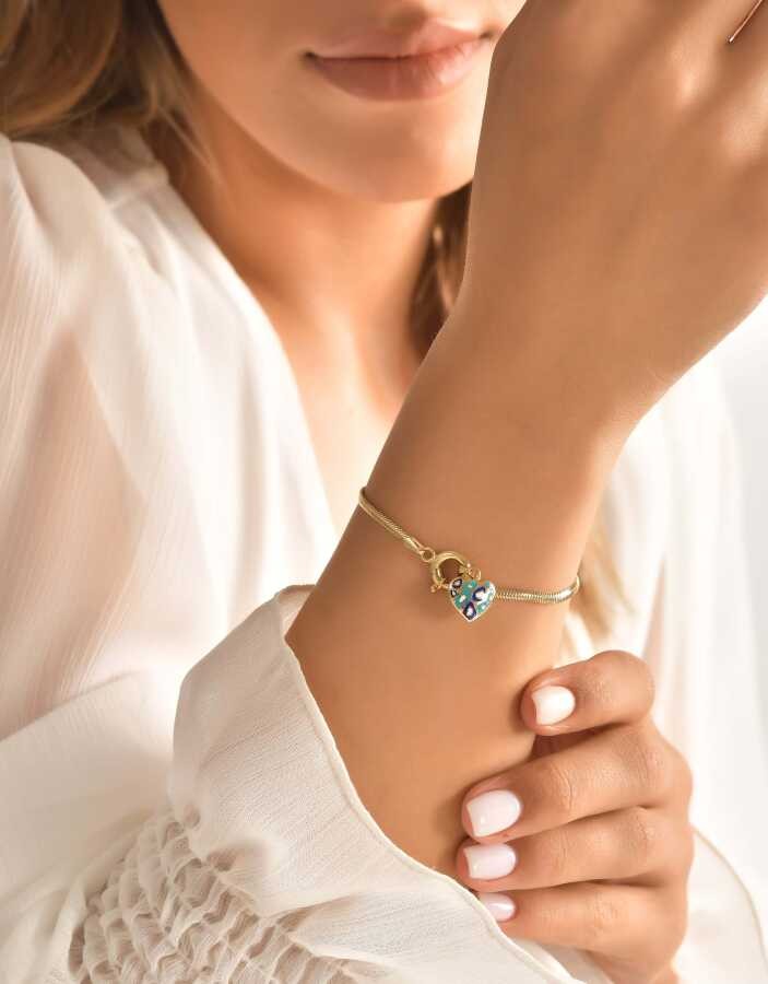 Gold Herringbone Heart Charm Bracelet