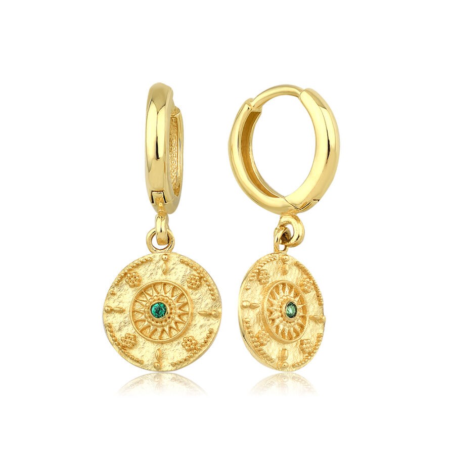 Gold Green Amulet Sun Huggies Earrings