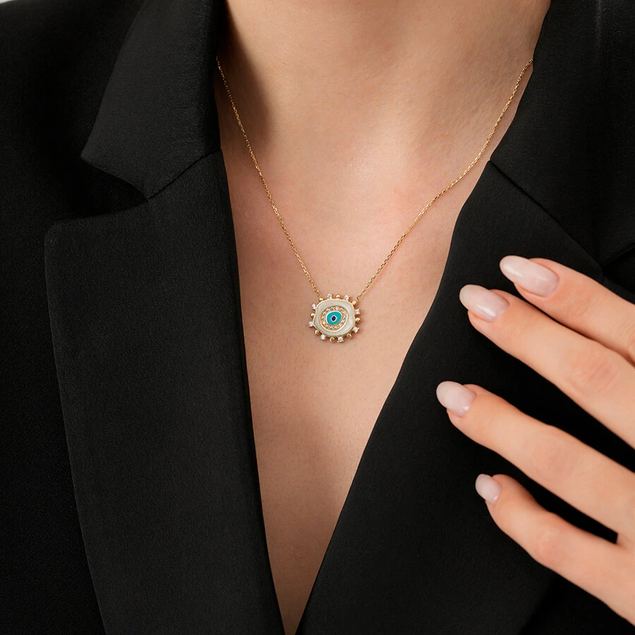 Gold Stone White Evil Eye Necklace