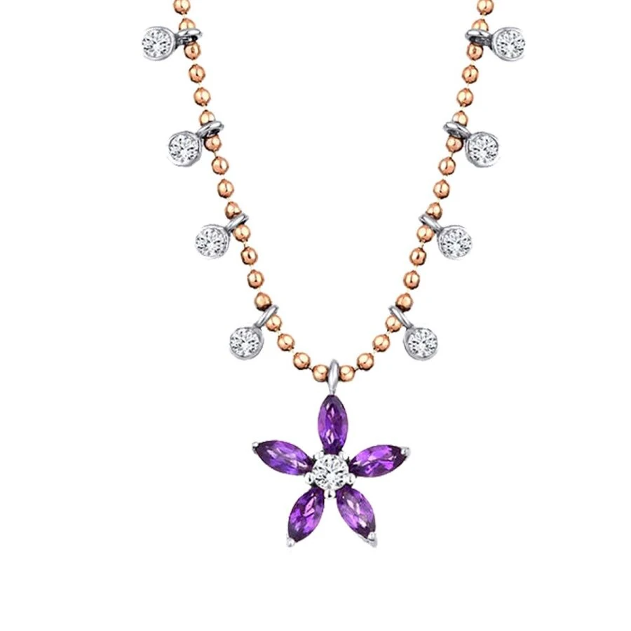 0.57 Carat Diamond Amethyst Flower Necklace