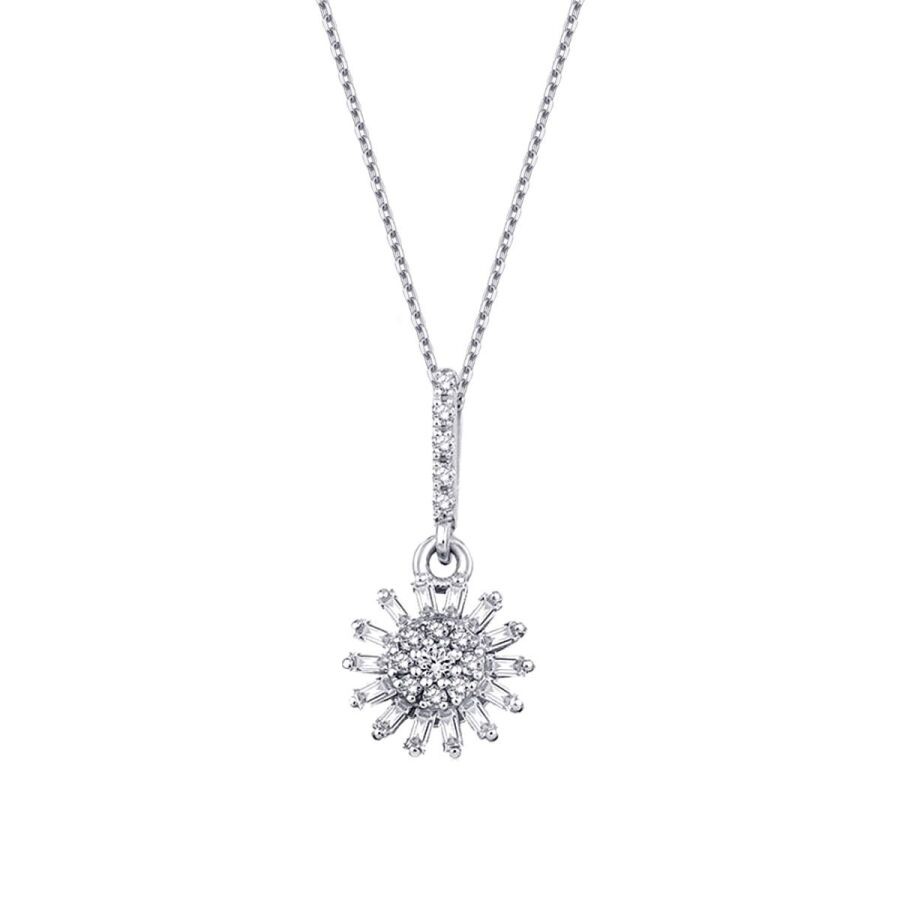 0.14 Carat Diamond Flower Baguette Necklace