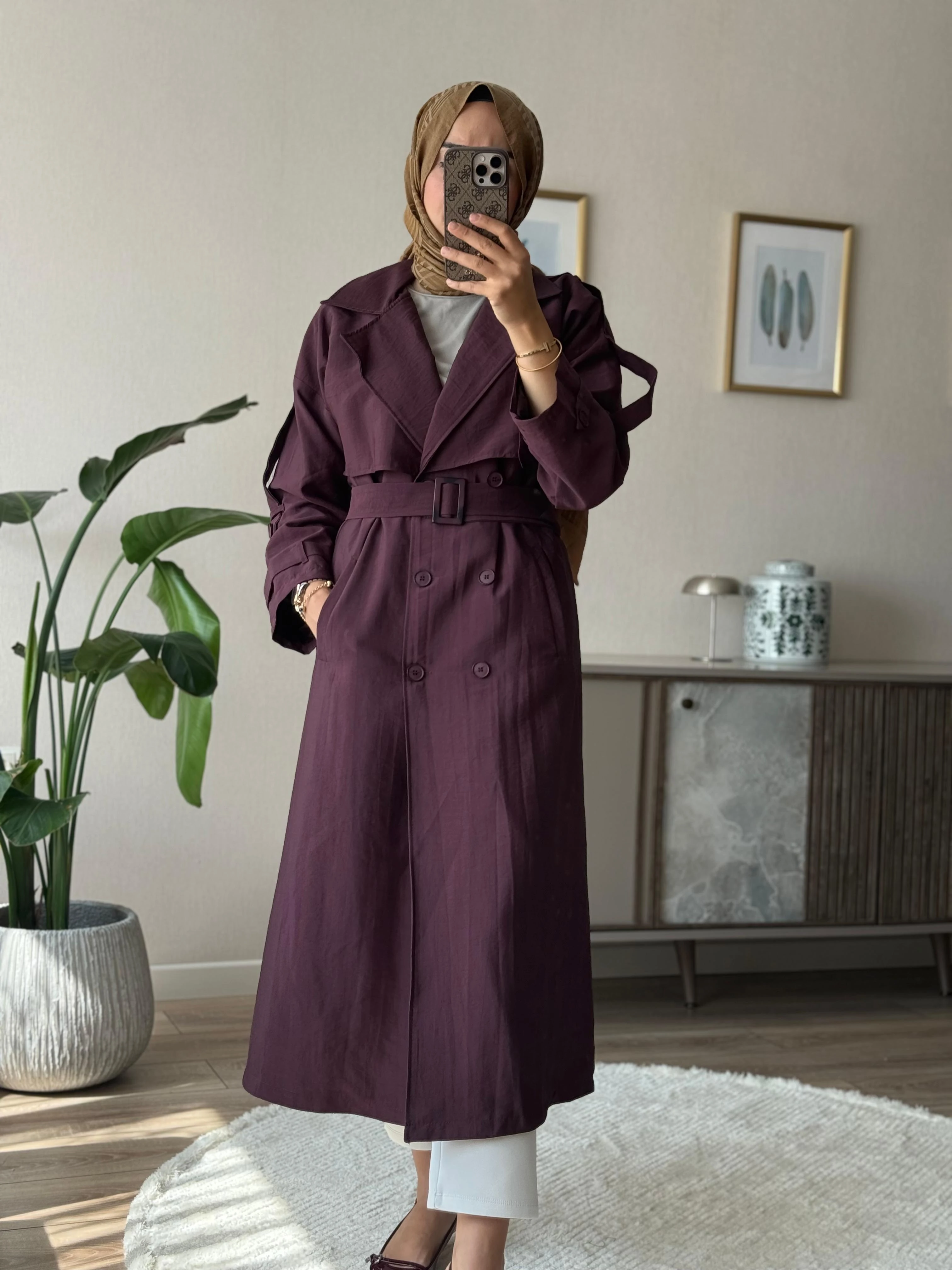 Geniş Yakalı Trençkot - Bordo