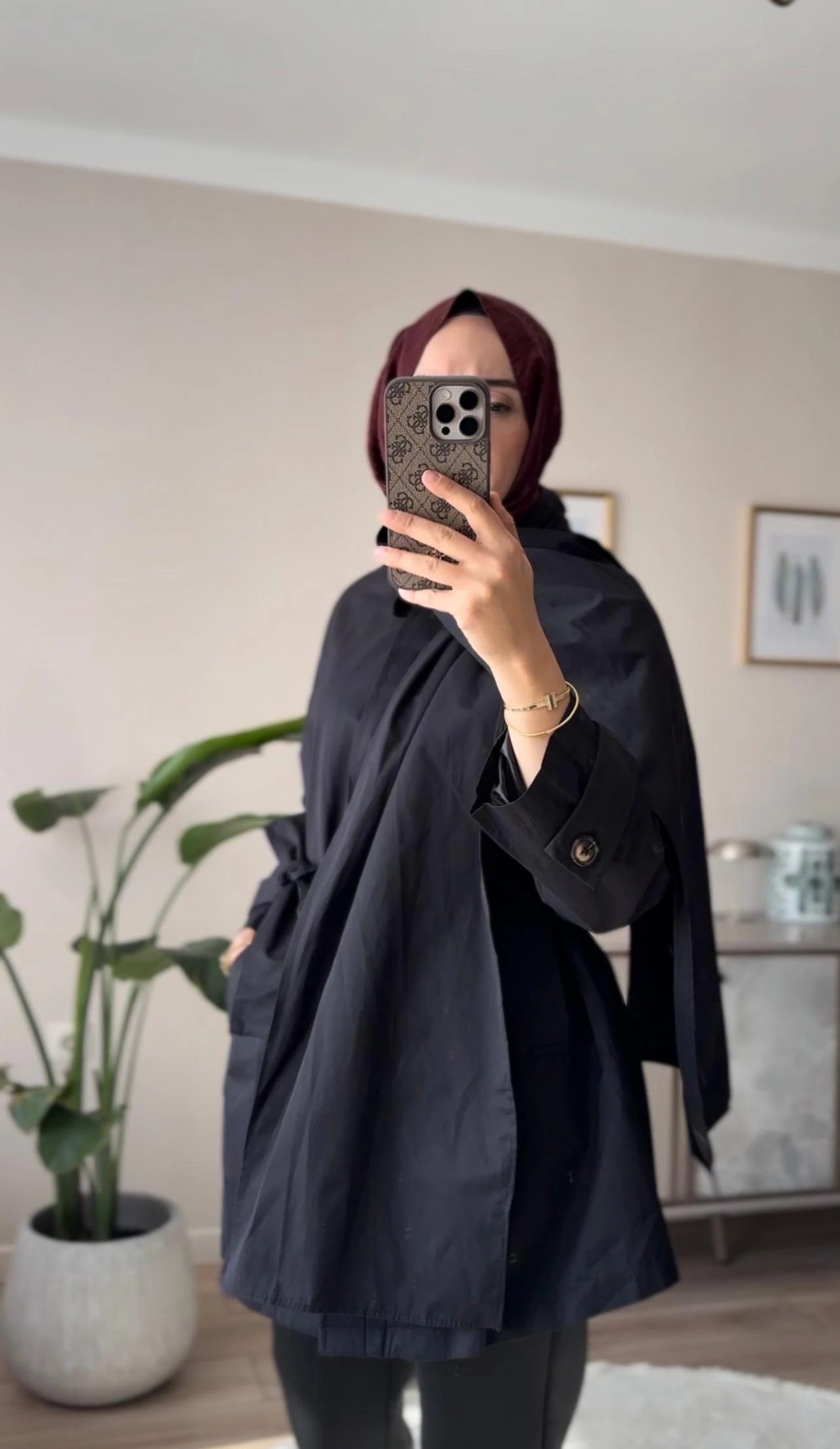 Şal Detaylı Trençkot - Siyah