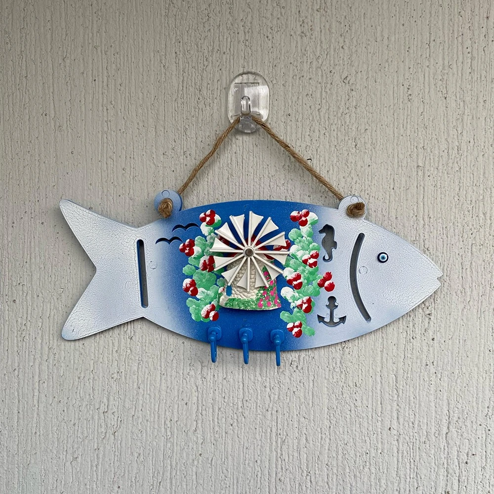 Begonvil İşlemeli Plastik 3 Kancalı Balık Anahtarlık Askısı