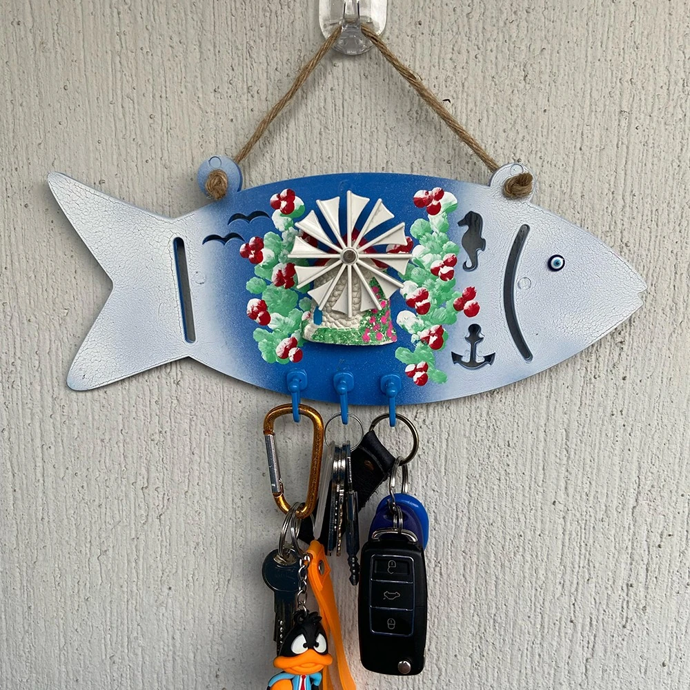 Begonvil İşlemeli Plastik 3 Kancalı Balık Anahtarlık Askısı