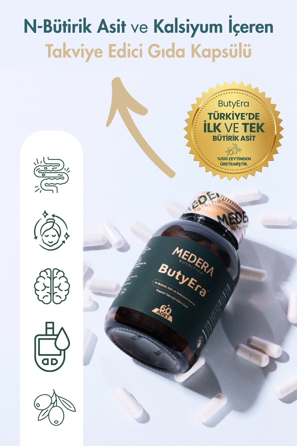 Medera Nutrition 2 Adet N-Bütirik Asit ve Kalsiyum İçeren Takviye Edici Gıda (Postbiyotik)