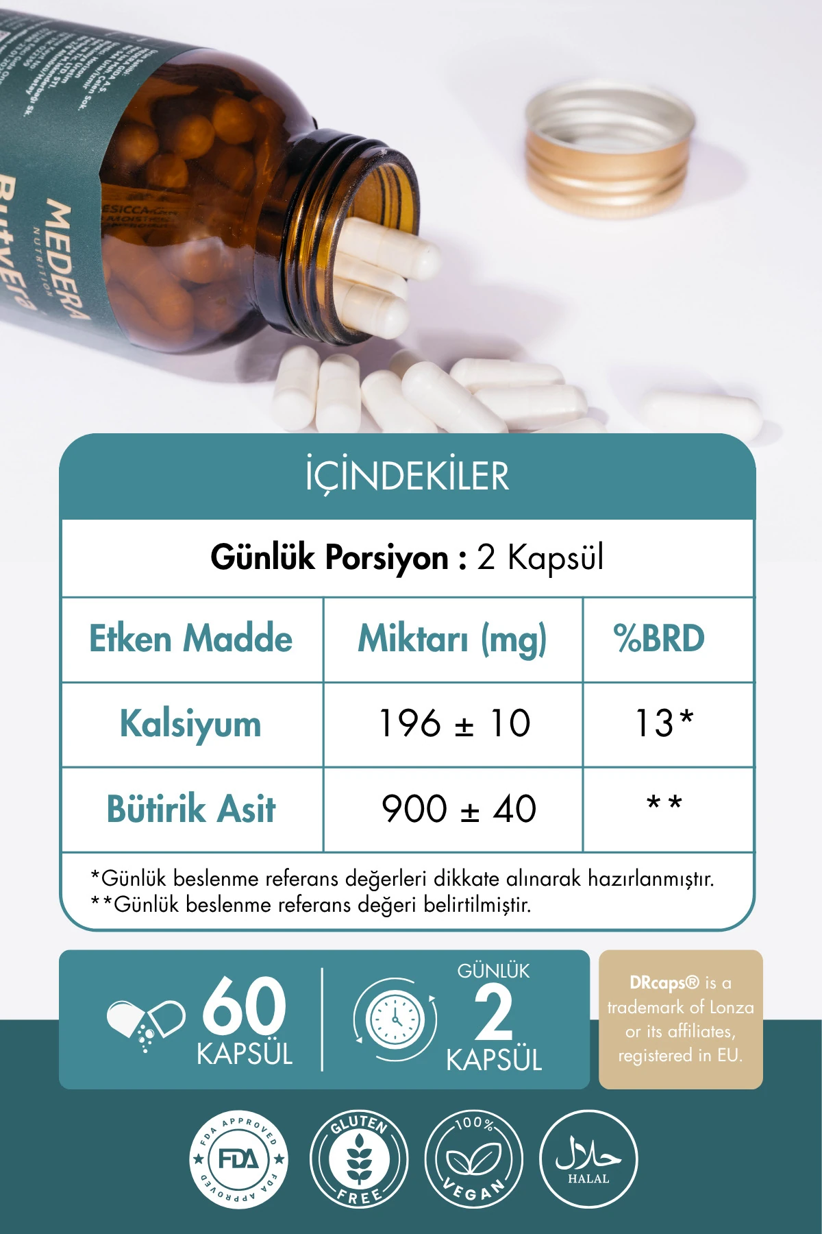 Medera Nutrition 2 Adet N-Bütirik Asit ve Kalsiyum İçeren Takviye Edici Gıda (Postbiyotik)