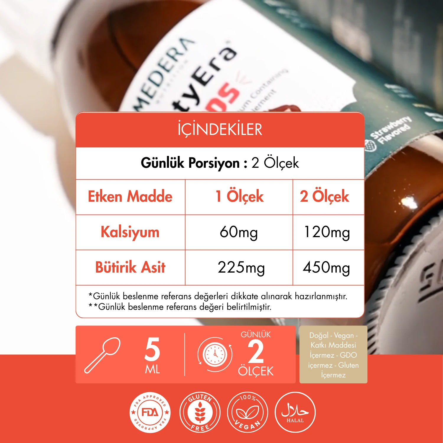 Medera ButyEra® N-Bütirik Asit ve Kalsiyum İçeren Sıvı Takviye Edici Gıda 150 ml