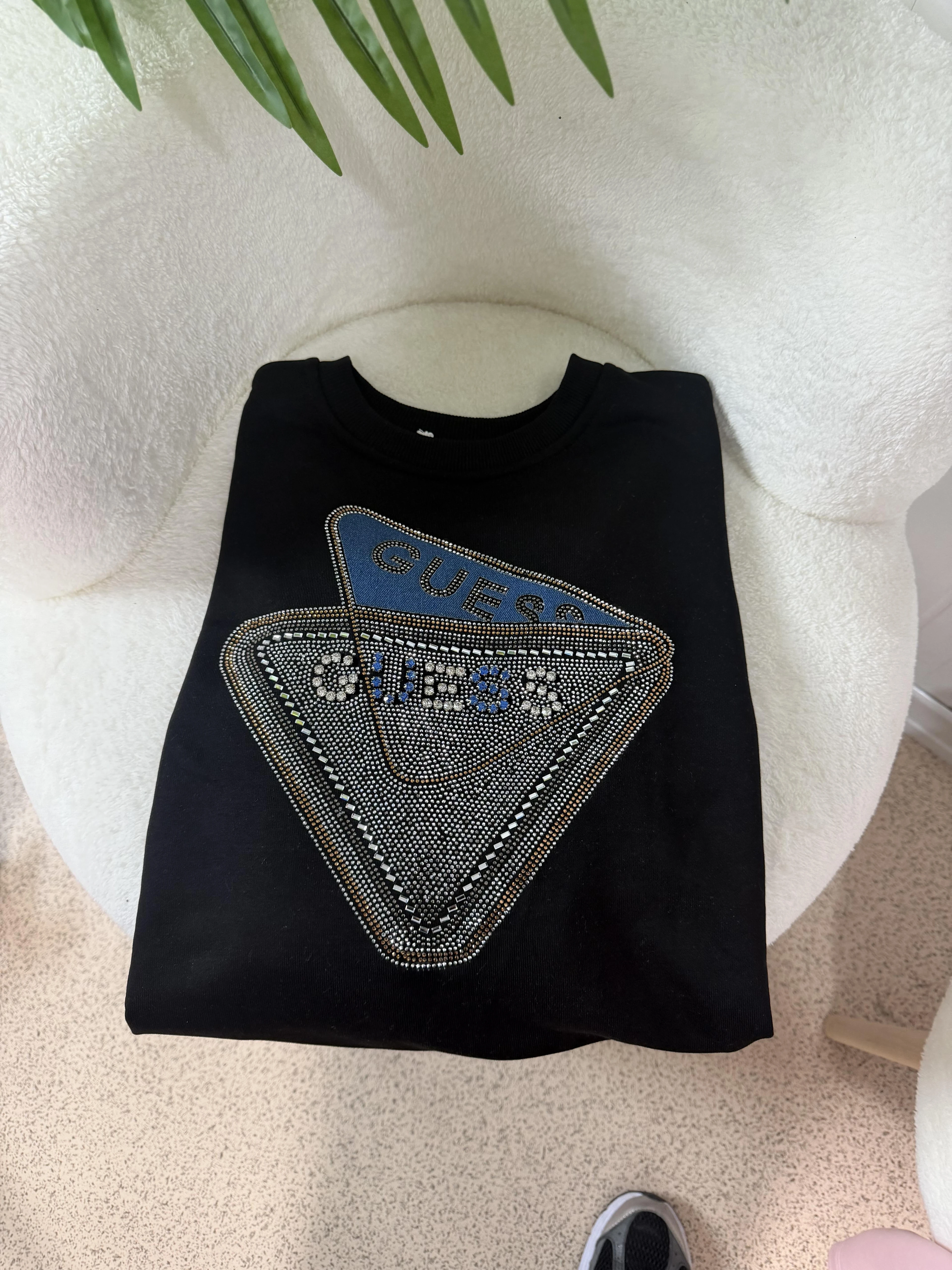 Kot Detaylı Taşlı Sweat - Siyah