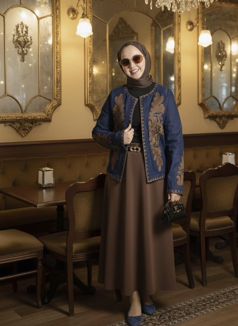 Kot Nakışlı Premium Ceket - Kahve