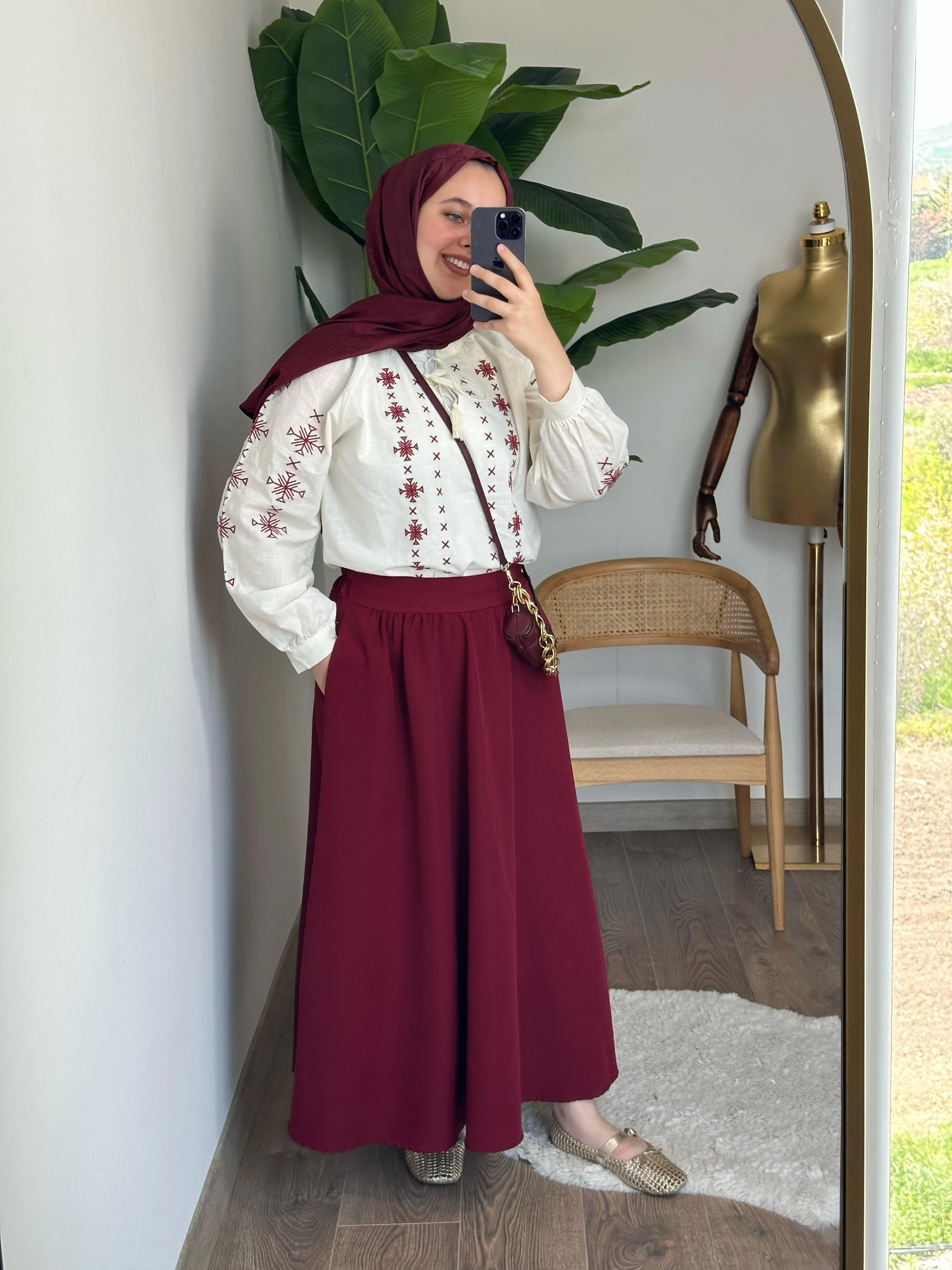 Krep Kumaş Etek - Bordo