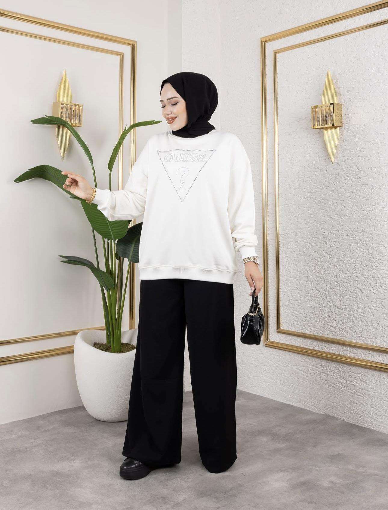 Nakışlı Taşlı Sweat - Beyaz