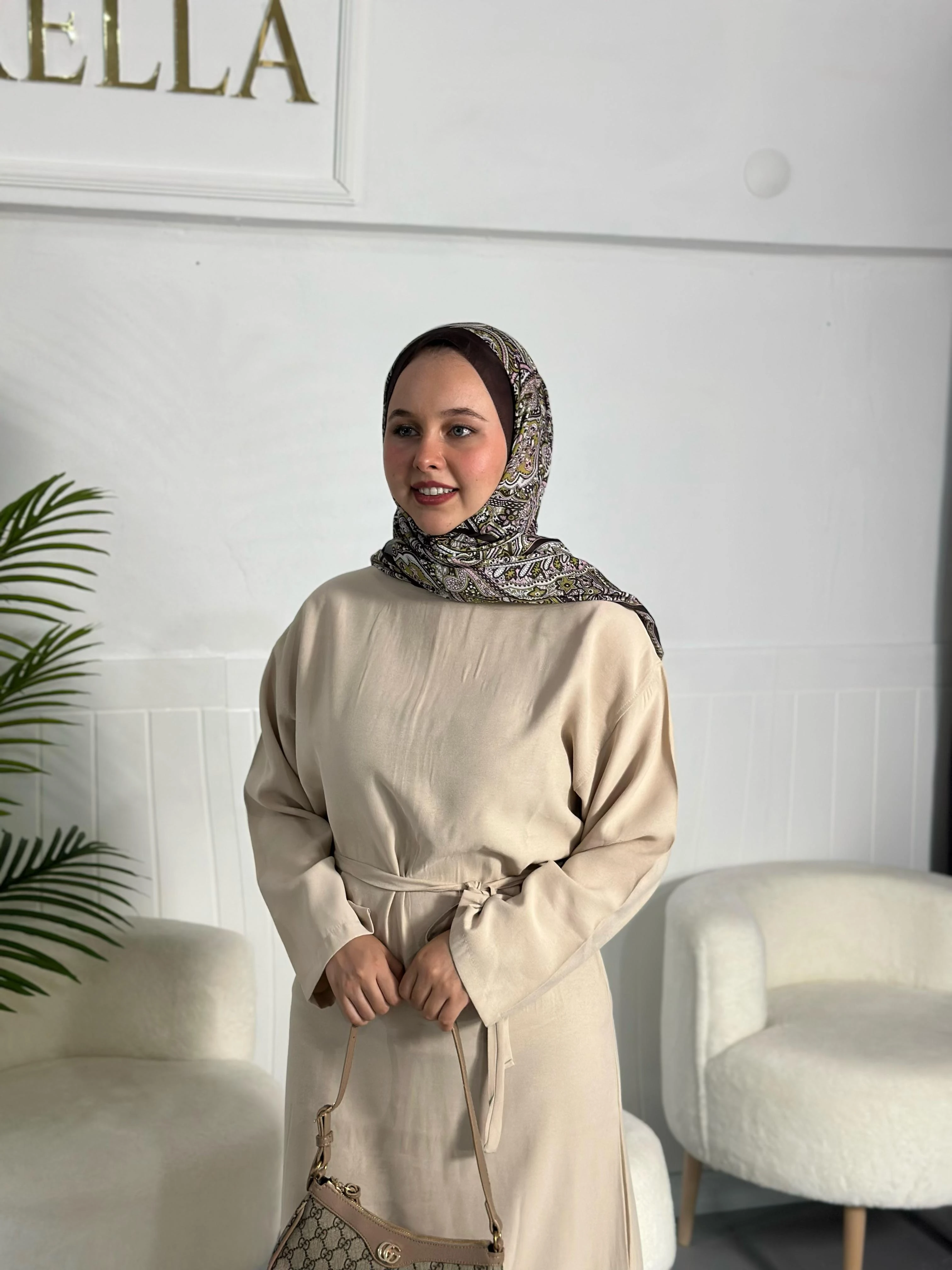 Tensel Modal Kuşaklı Mevsimlik Elbise - Bej