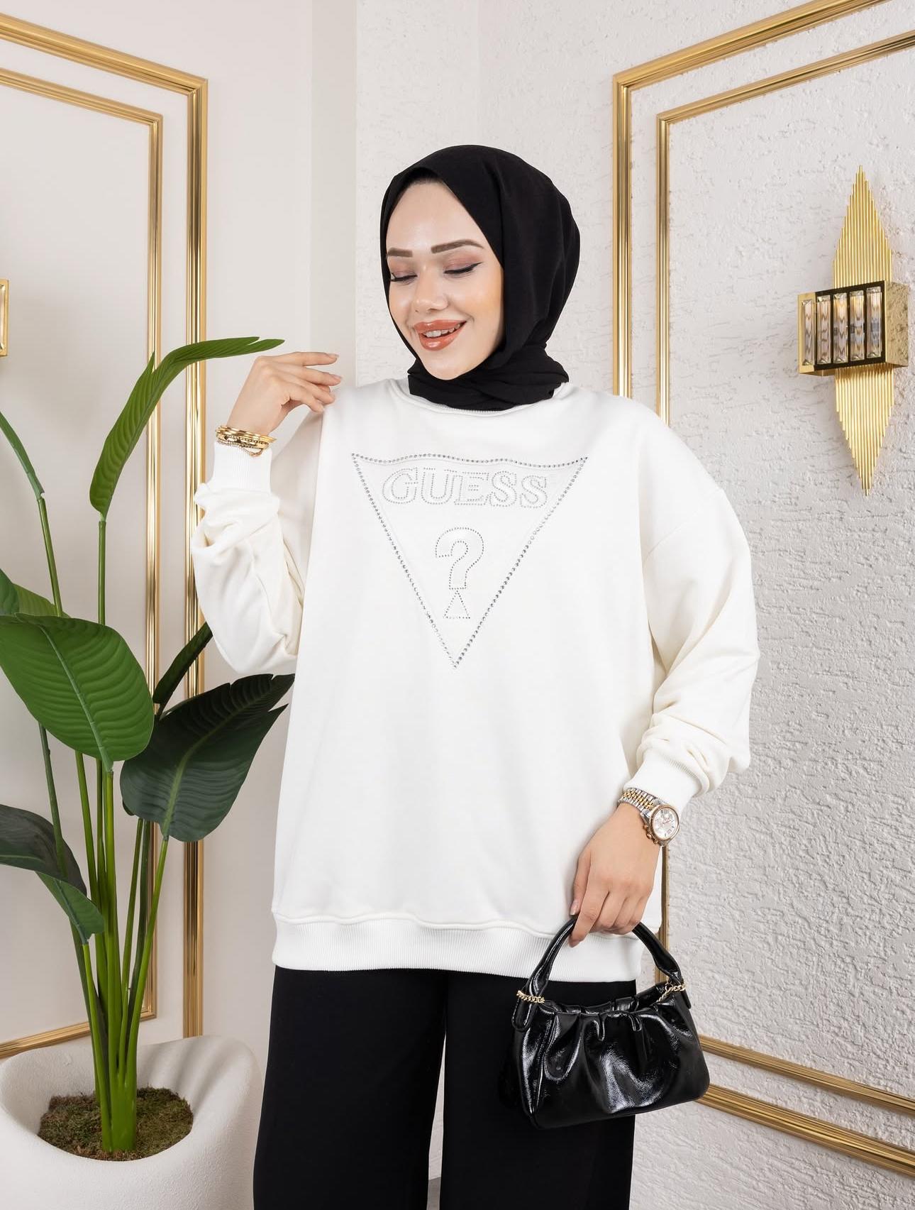 Nakışlı Taşlı Sweat - Beyaz