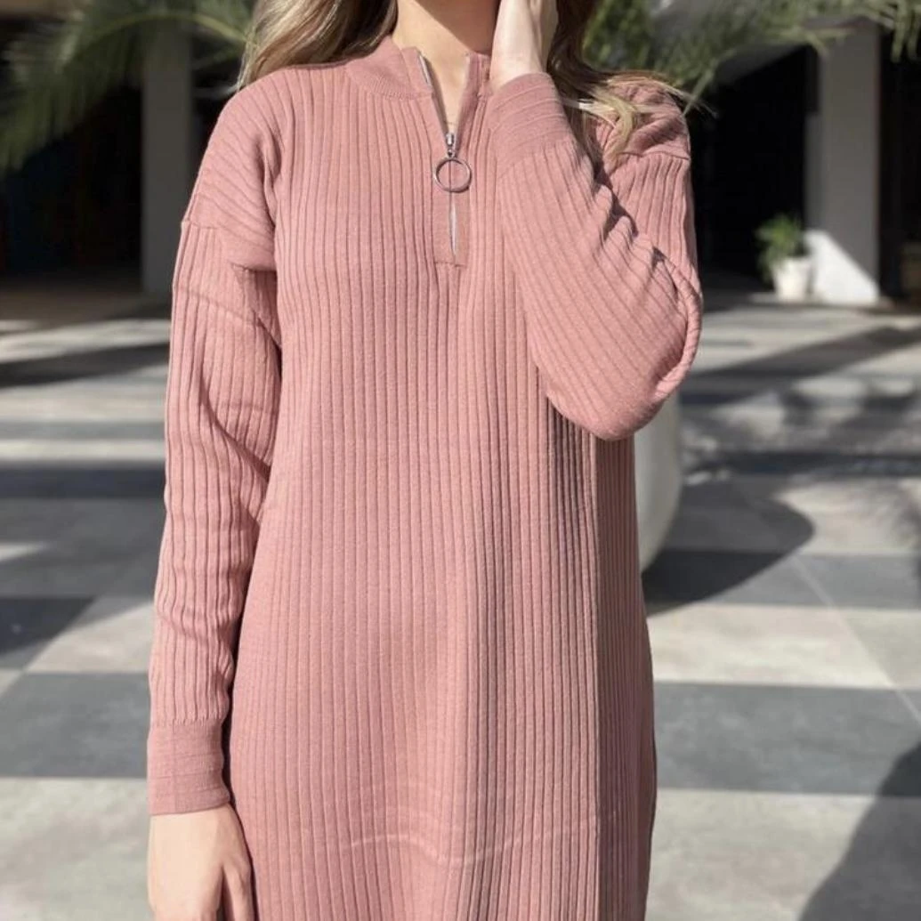 Fermuarlı Triko Elbise - Gül kurusu