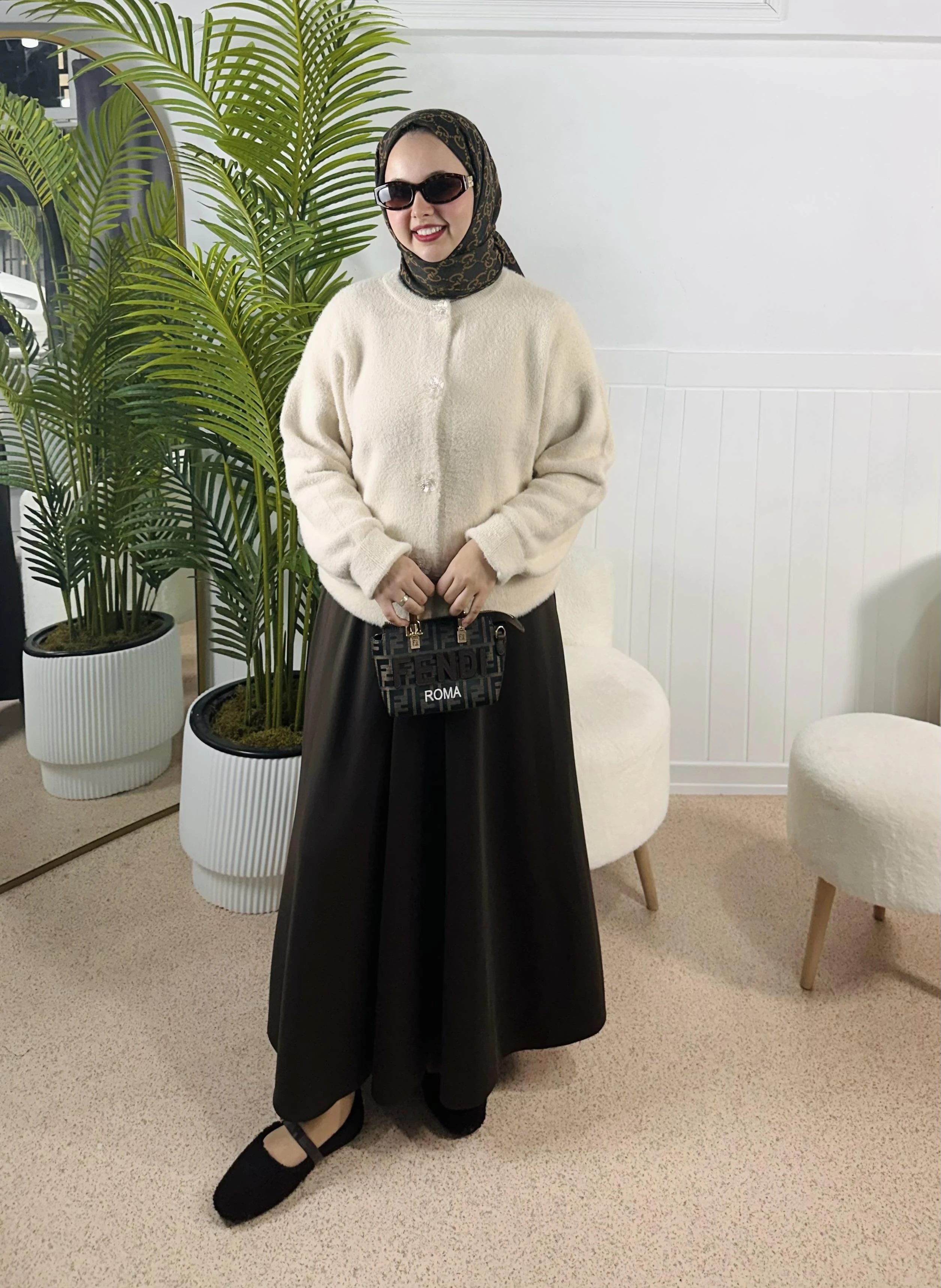 Angora Çiçek Düğmeli Hırka - Bej