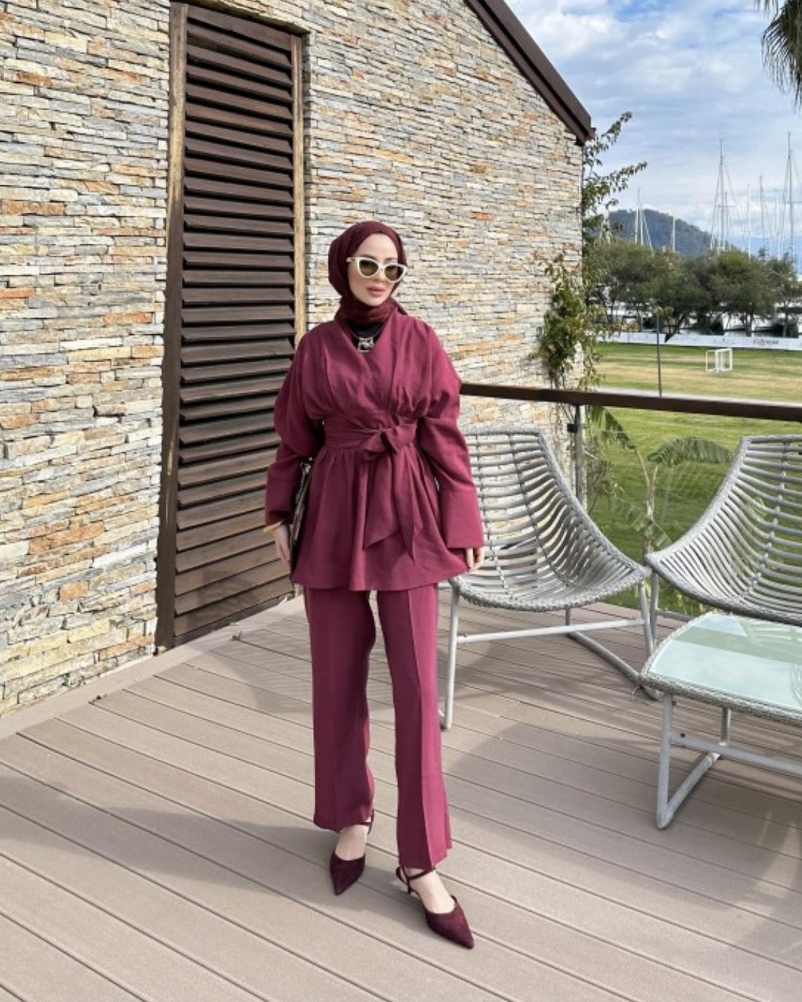 Henza Modal Geniş Kuşaklı Takım - Bordo