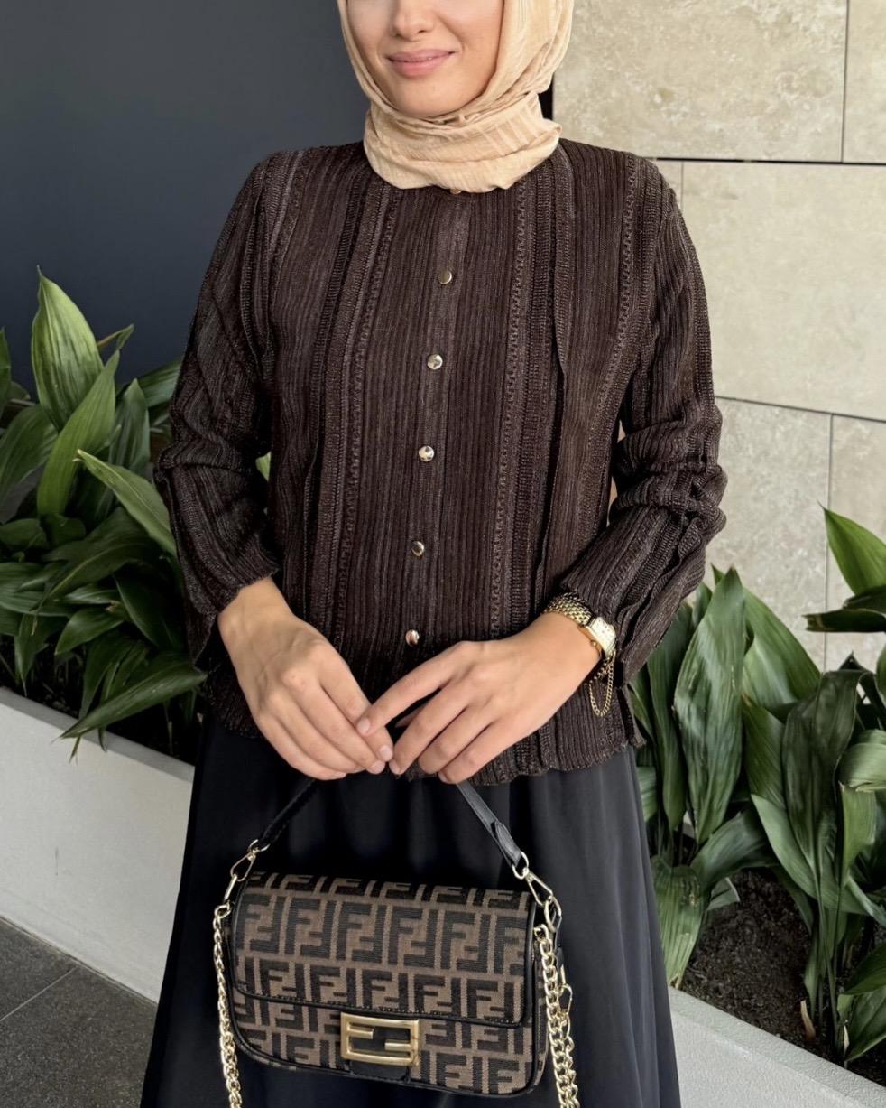 Hoops Simli Merserize Hırka - Kahve