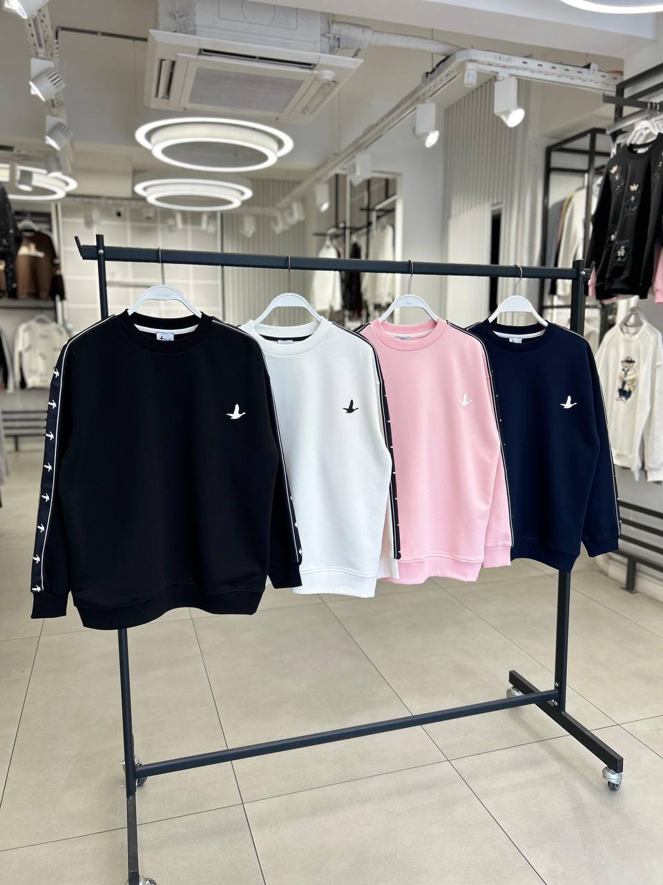 Kuşlu Şeritli Sweat - Beyaz