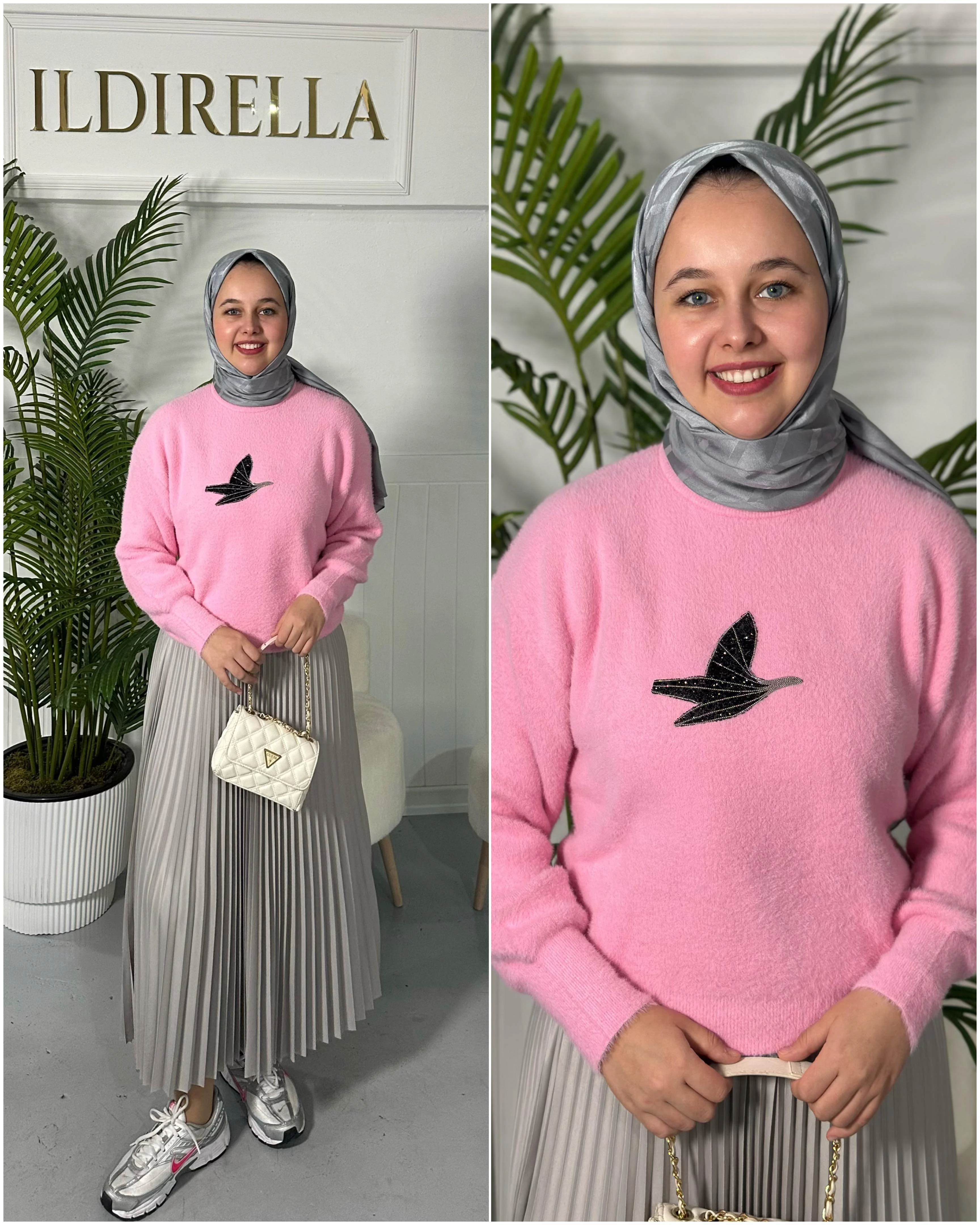 Angora Lüx Kuşlu Kazak - Pembe