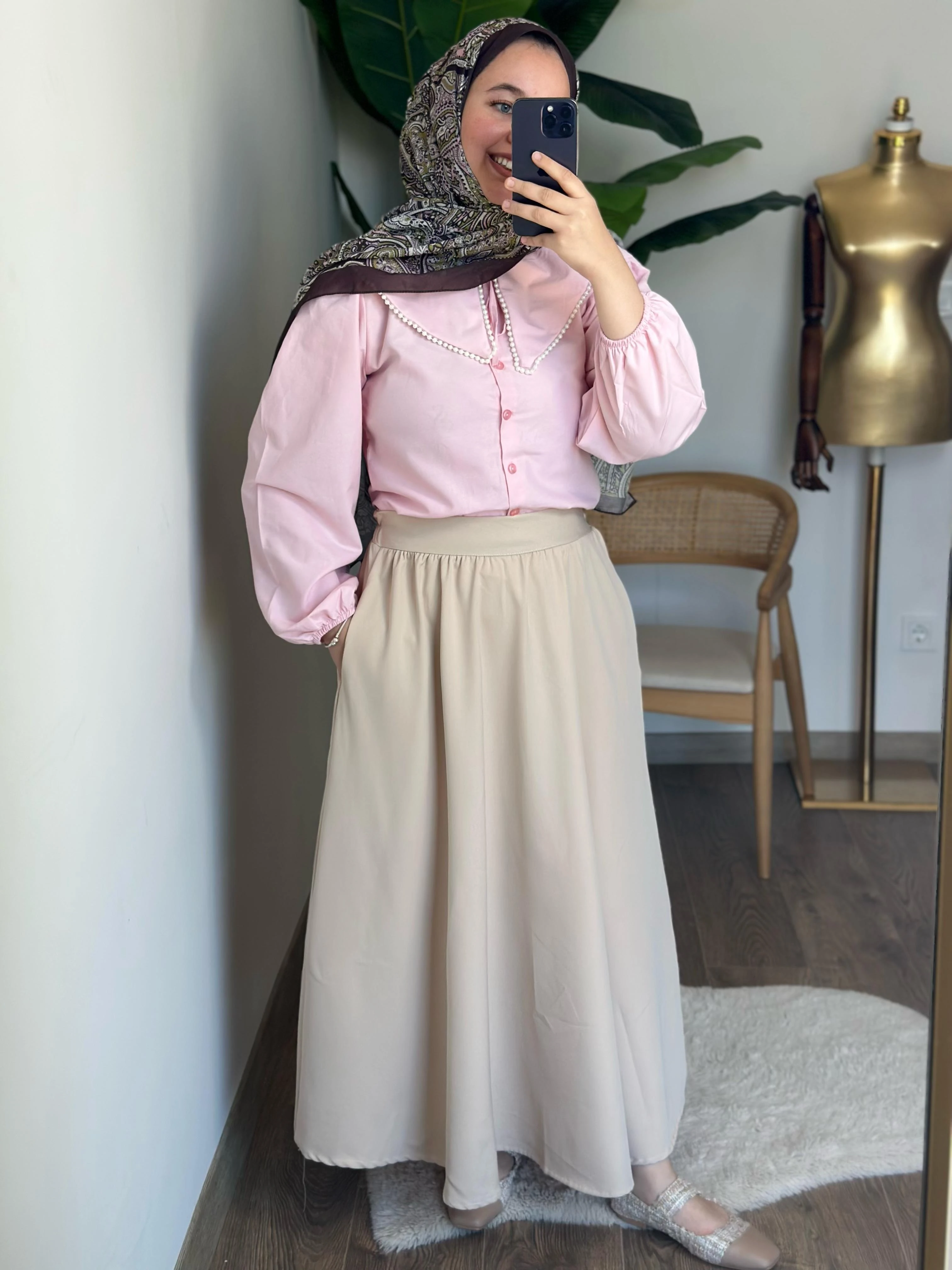 Krep Kumaş Etek - Krem