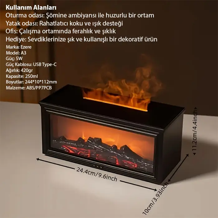 EzereEZERE A4 Şömine Esintili Aromaterapi Difüzörü Ultrasonik Hava