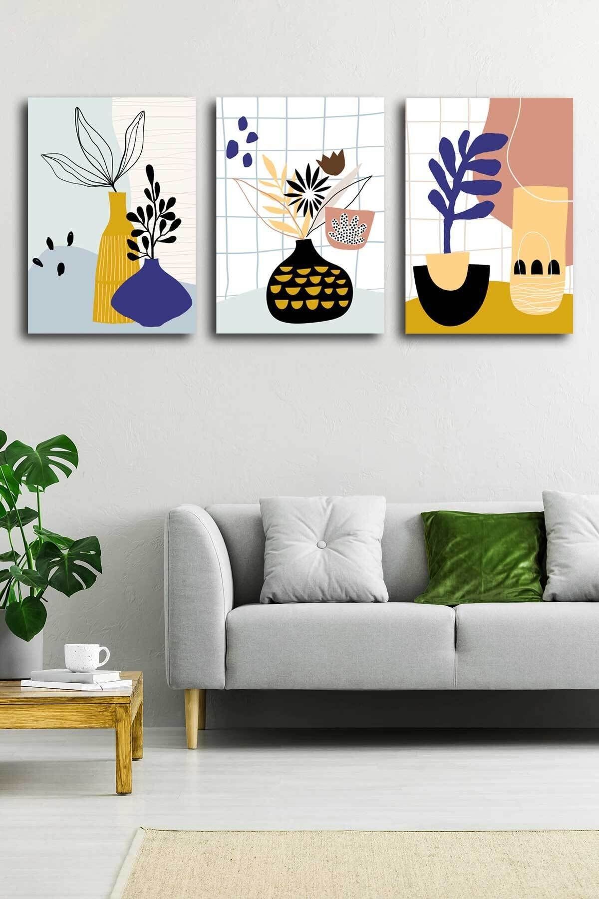 Tropikal Soyut Çiçekler Modern Minimal Kanvas Tablosu 3'lü Canvas Tablo Seti