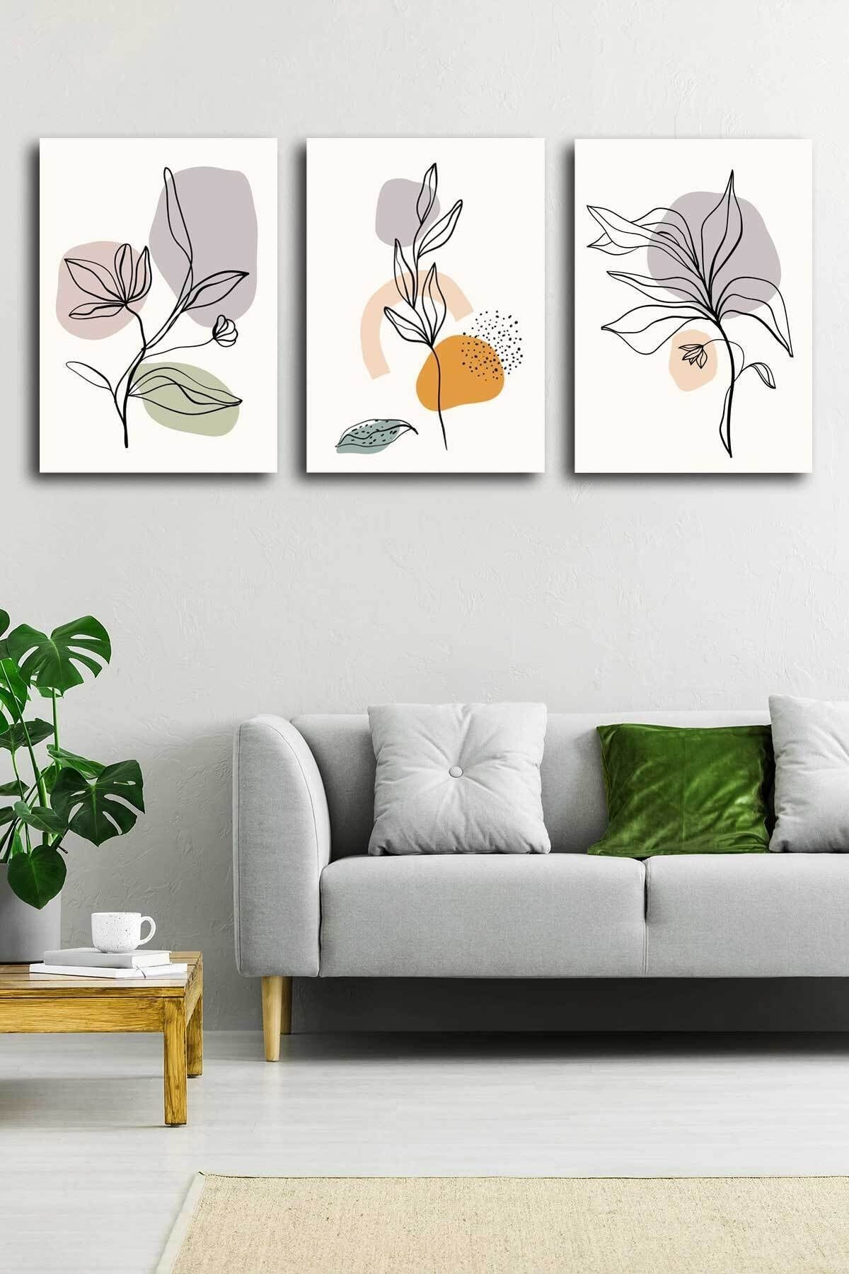 Tropikal Soyut Çiçekler Modern Minimal Kanvas Tablosu 3'lü Canvas Tablo Seti