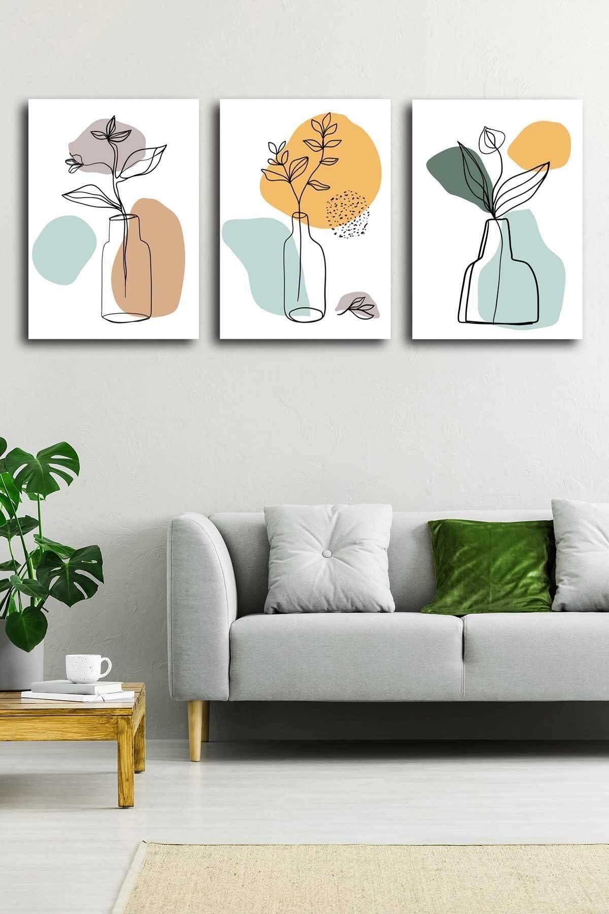 Tropikal Soyut Çiçekler Modern Minimal Kanvas Tablosu 3'lü Canvas Tablo Seti