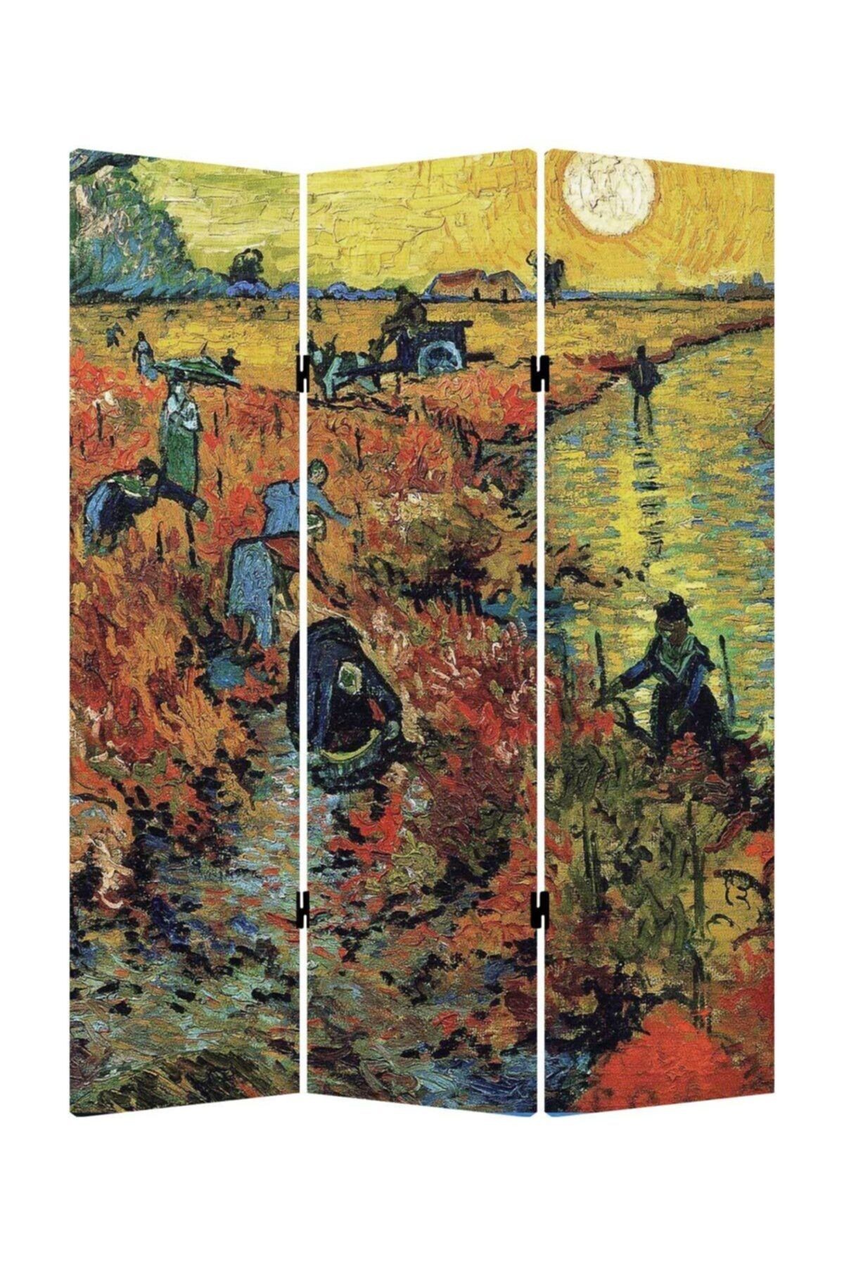 Stellastore Vincent Van Gogh Red Vineyards 3 Kanatlı Oda Bölücü Çift Taraflı Kanvas Paravan
