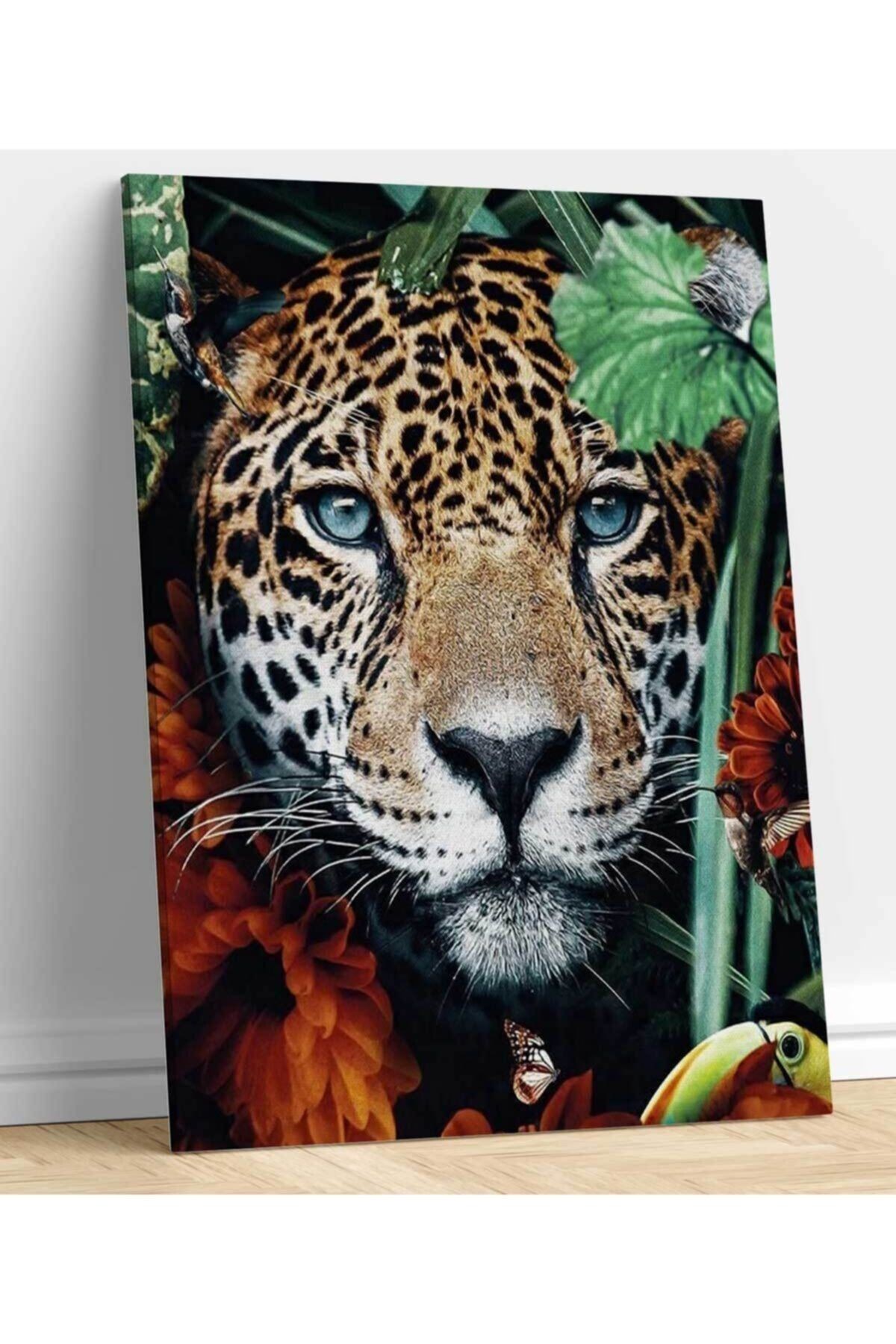 Çiçekler Ve Leopar Kanvas Tablo