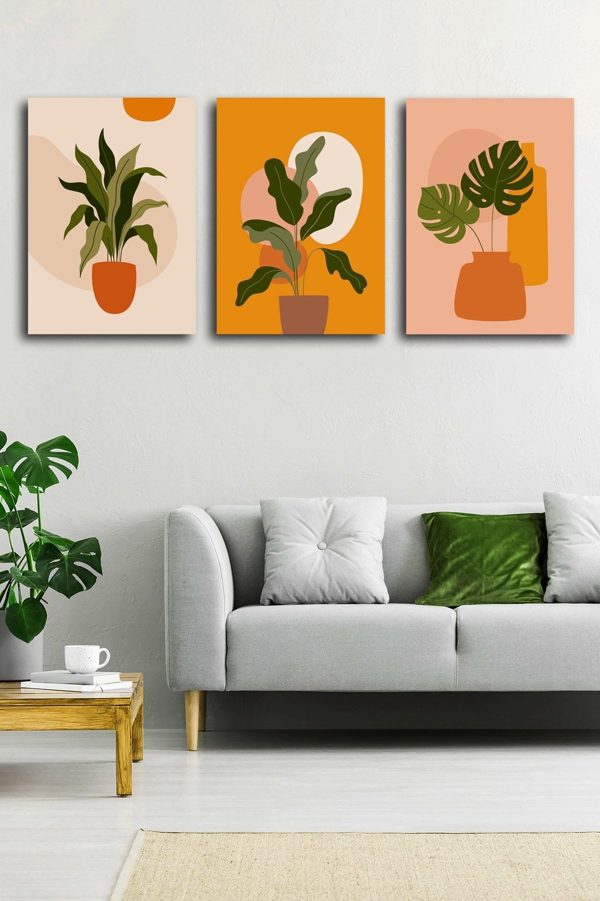 Tropikal Yaprak Soyut Modern Minimal Kanvas Tablosu 3'lü Canvas Tablo Seti