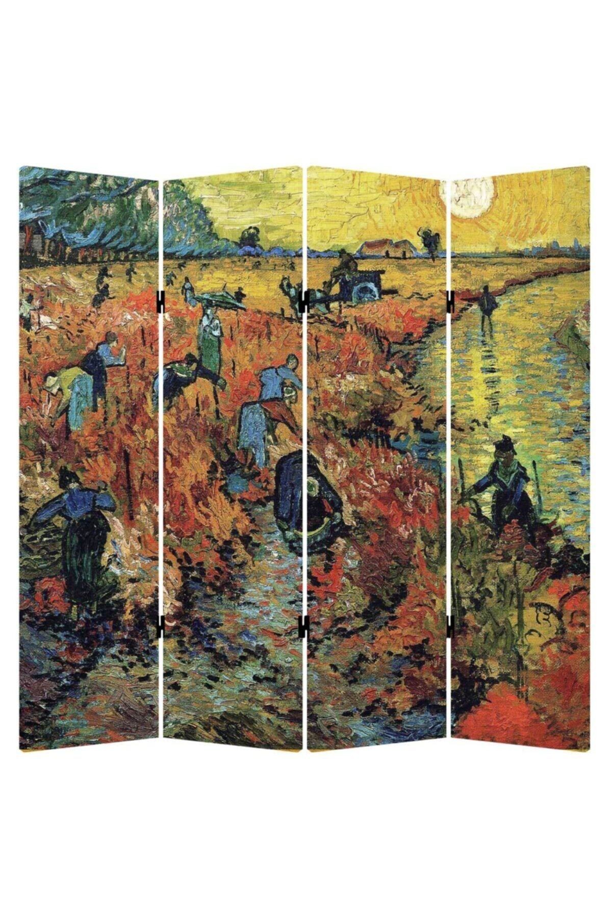 Vincent Van Gogh Red Vineyards 4 Kanatlı Oda Bölücü Çift Taraflı Kanvas Paravan