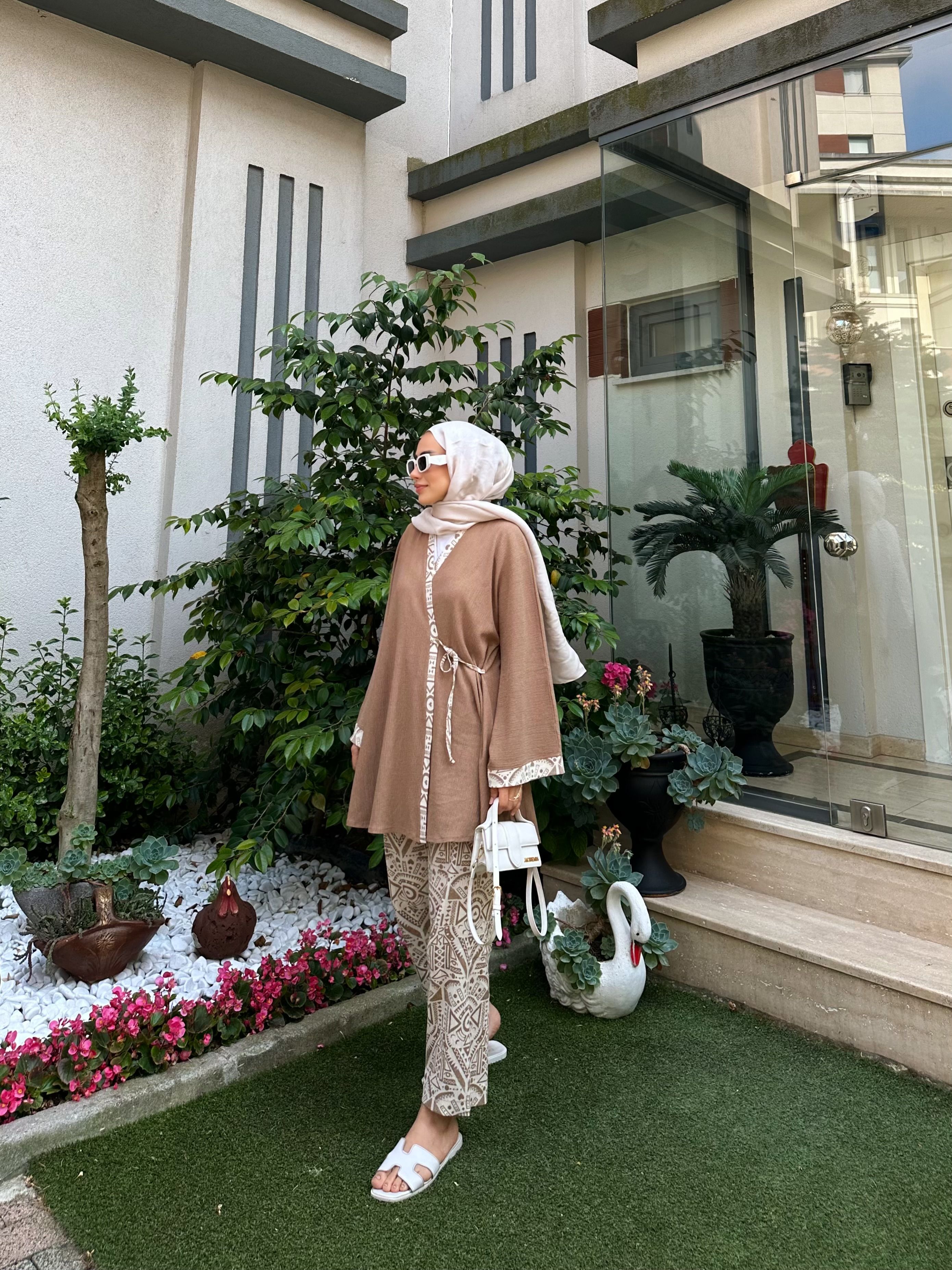 Bağlamalı Şile Bezi Pantolonlu Kimono Takım - Toprak