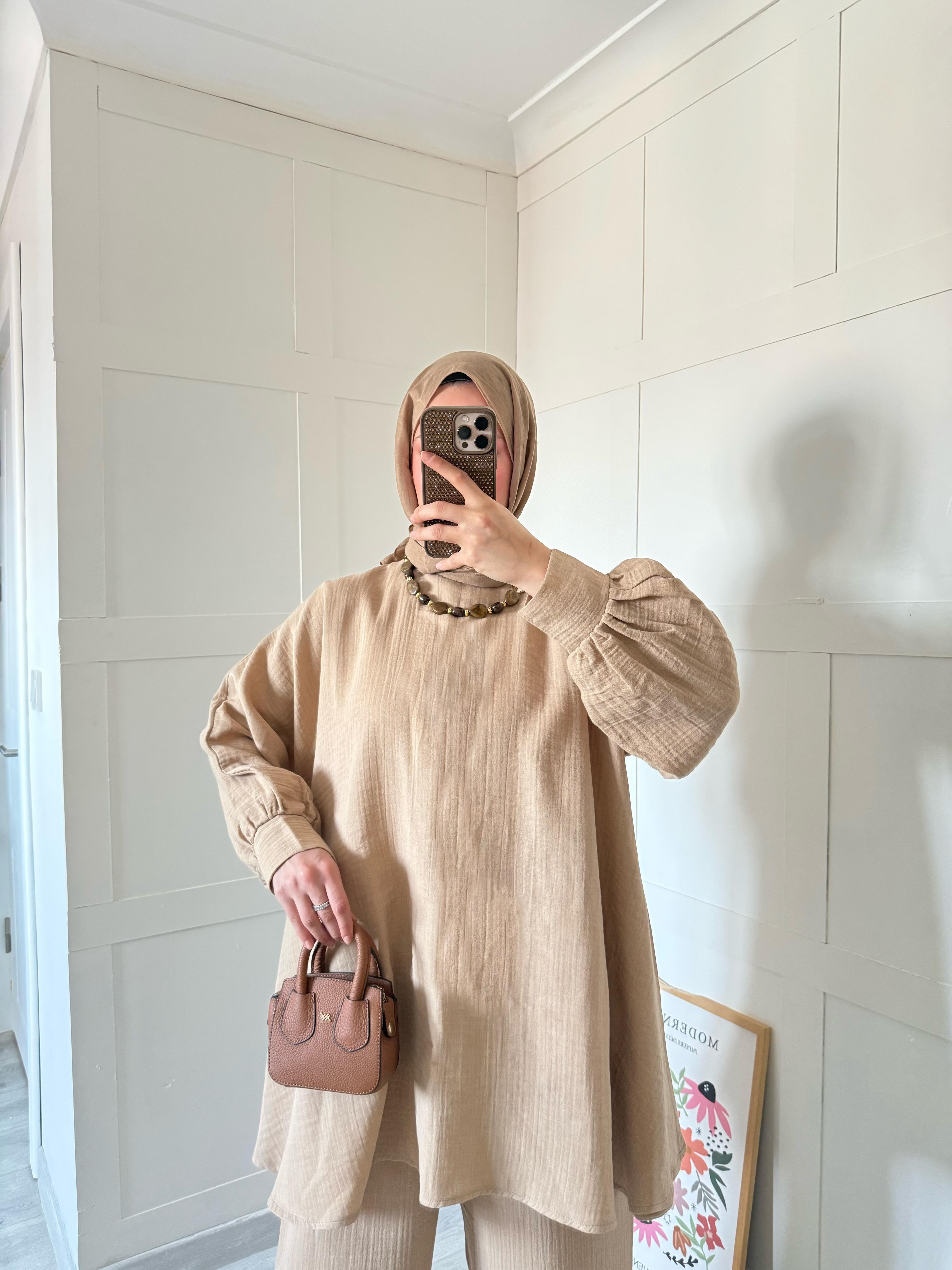 Müslin Pantolonlu Salaş Takım - bej