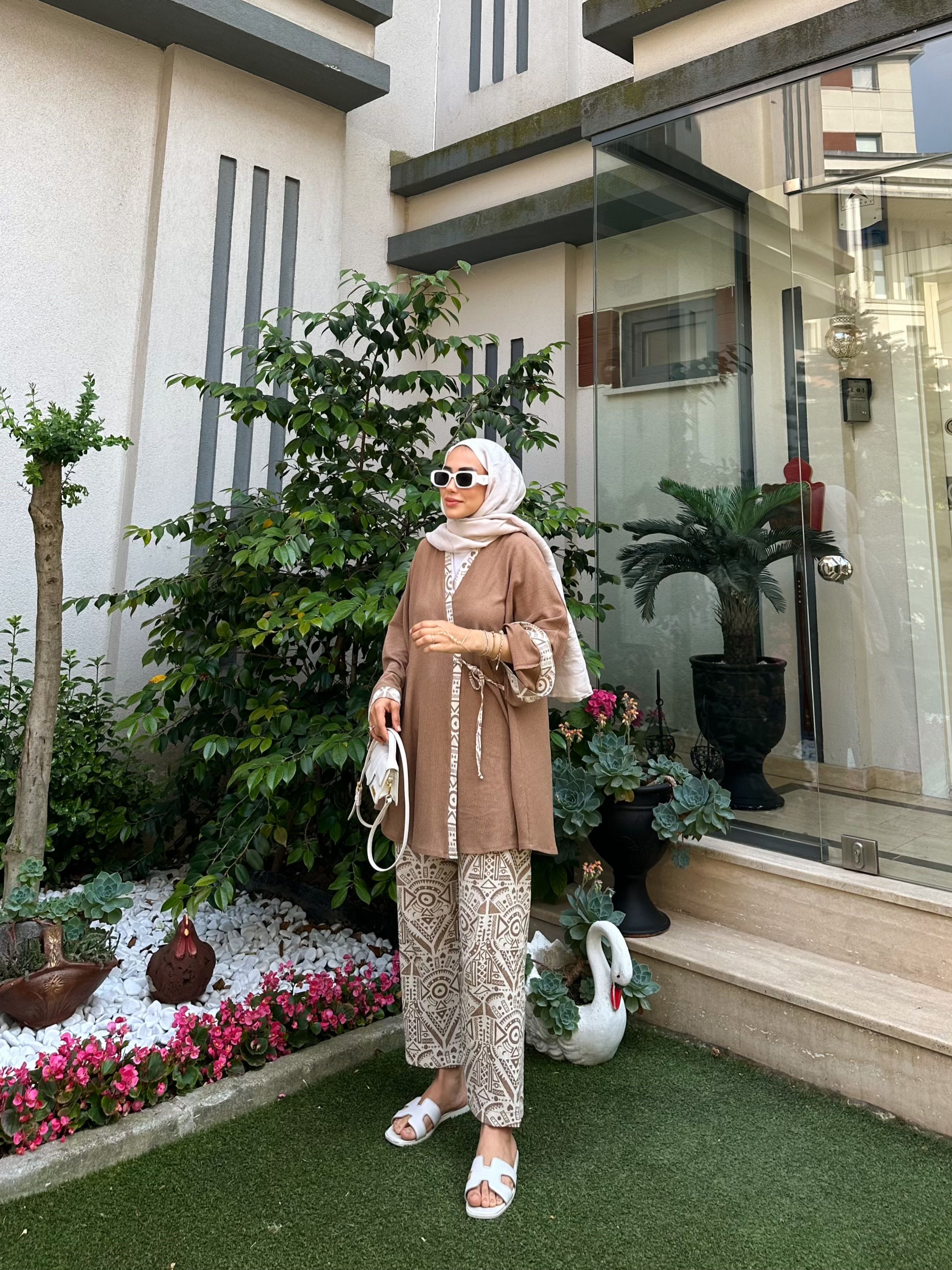 Bağlamalı Şile Bezi Pantolonlu Kimono Takım - Toprak