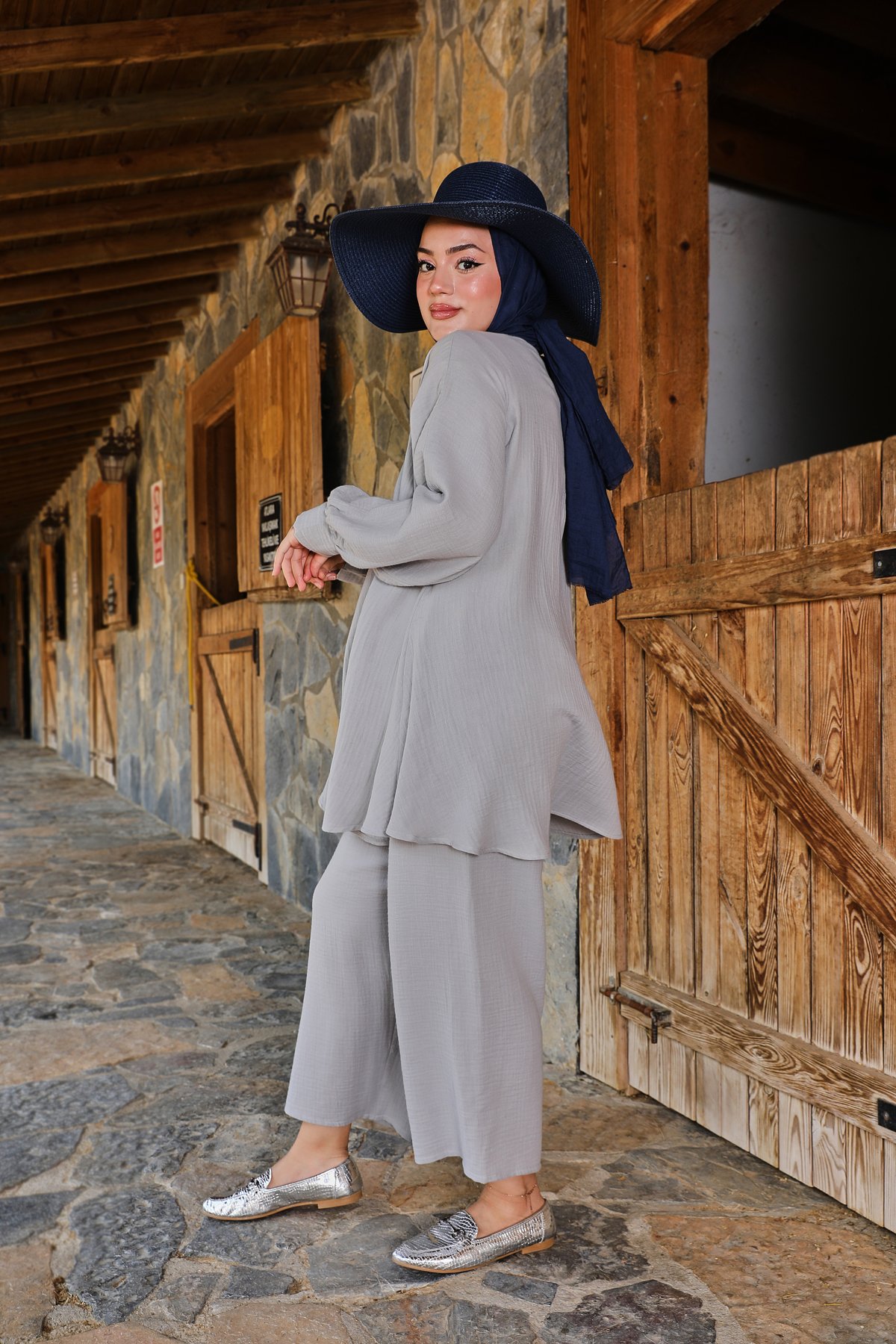 Müslin Pantolonlu Salaş Takım - Gri