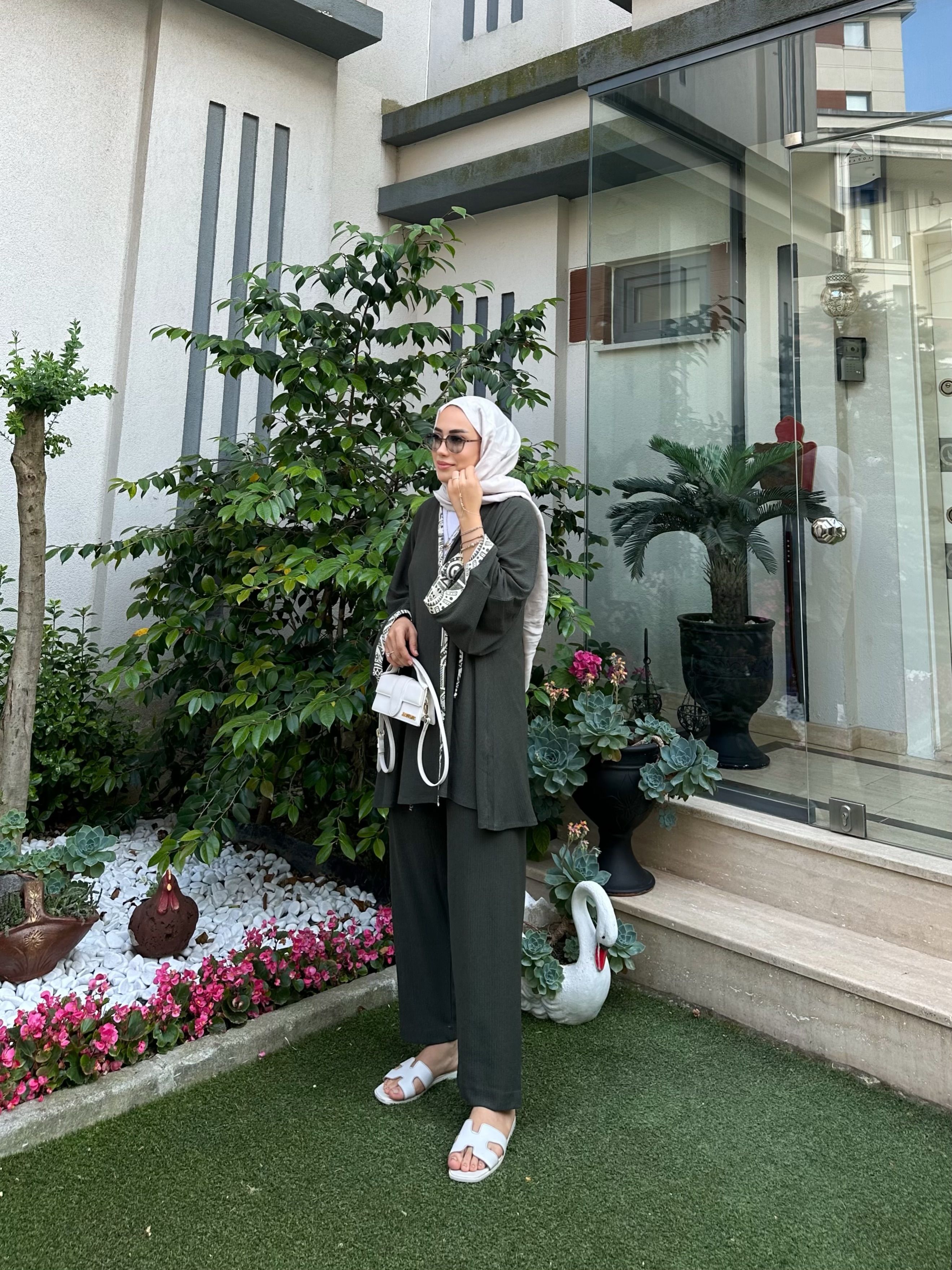 Bağlamalı Pantolonlu Kimono Takım - Haki