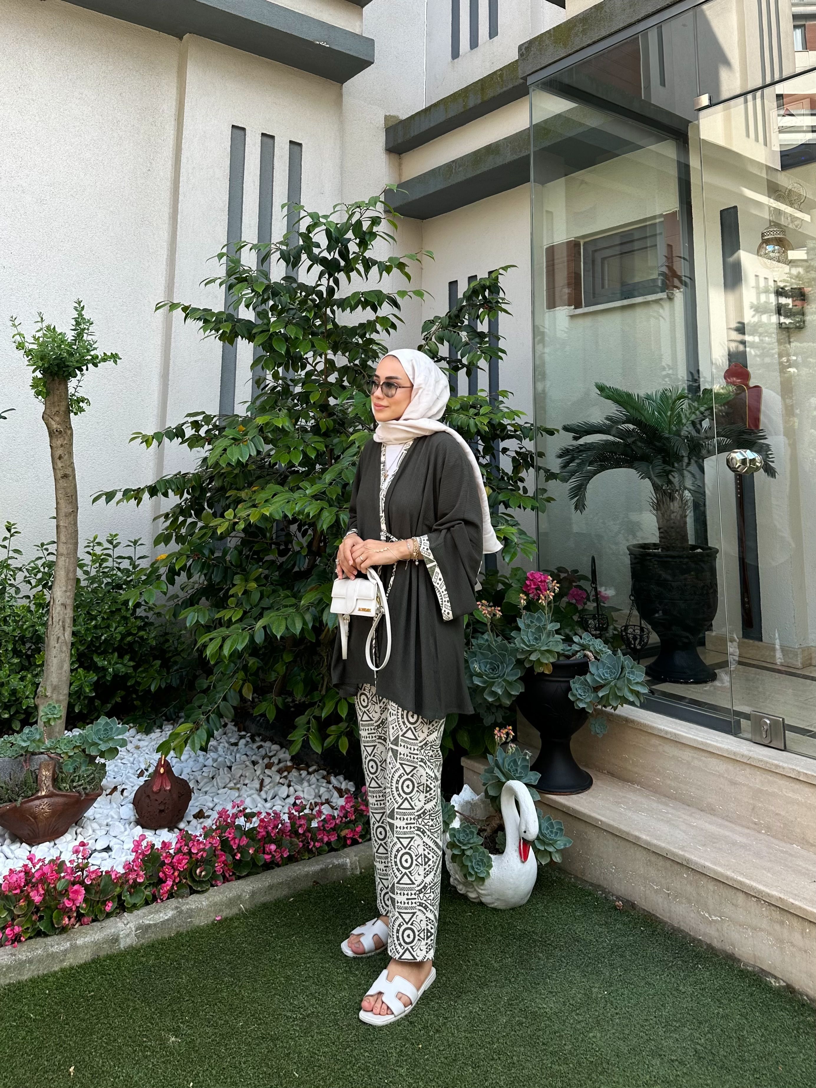 Bağlamalı Şile Bezi Pantolonlu Kimono Takım - Haki